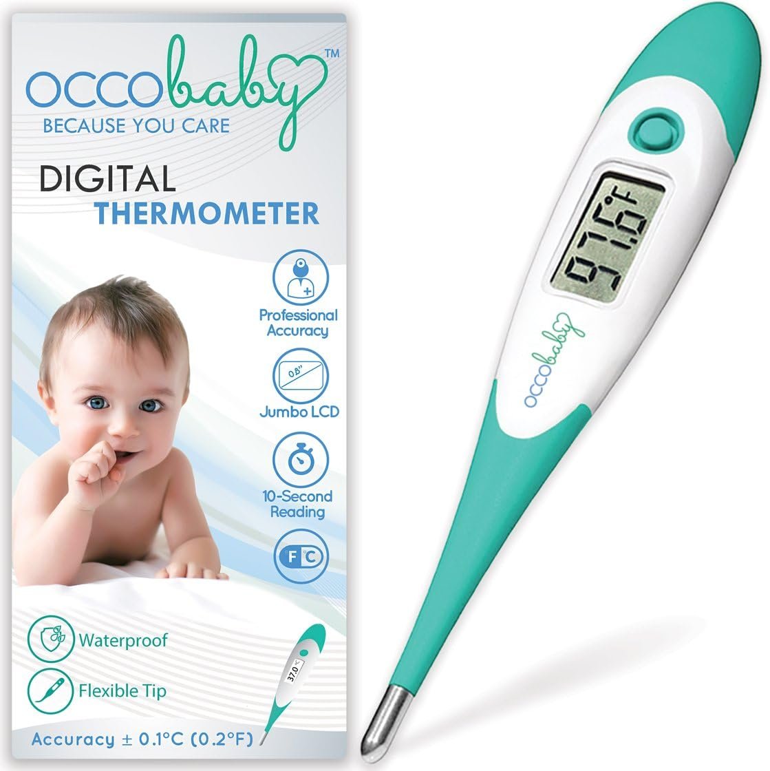 OCCObaby Clinical Digital Baby Thermometer – LCD, Flexible Tip, 10 Second Quick Accurate Fever Read Rectal Oral & Underarm Use – Waterproof Thermometer for Infants & Toddlers