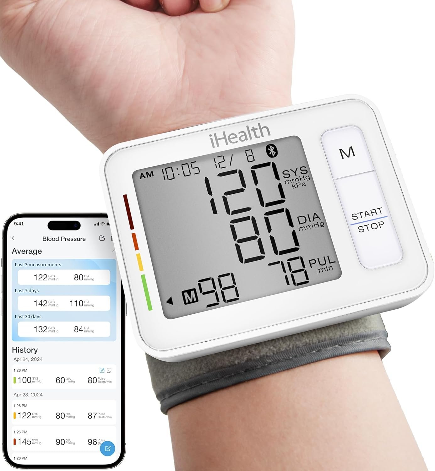 iHealth Push Wrist Blood Pressure Monitor, Digital Bluetooth Blood Pressure Machine with Large Display and Portable Carrying Case for at Home and Travel Use