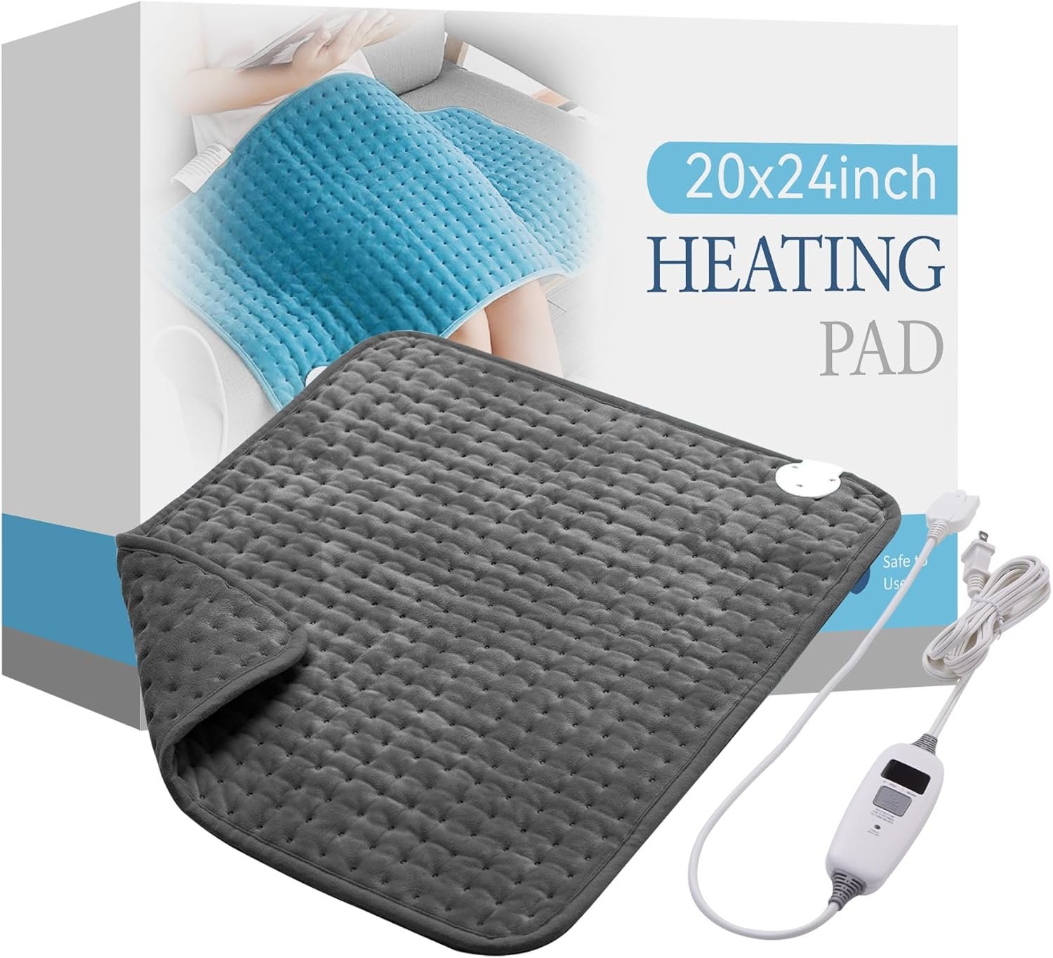 HYLEORY Heating Pad for Back,Neck,Cramps Pain Relief – 6 Heat Settings,Auto Shut Off,Moist Heat Options for Electric Heating Pad,Machine Washable,Gifts for Women,Grey,20″ x 24″