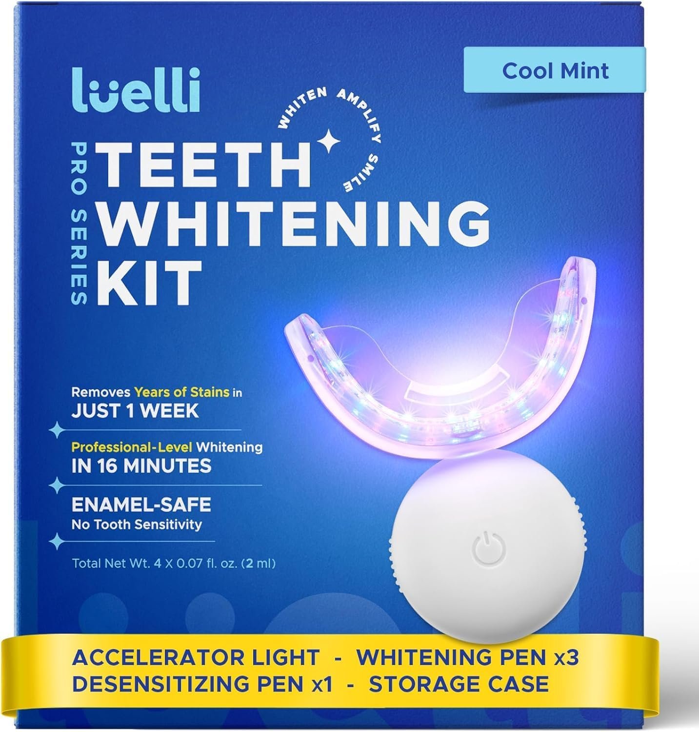 Luelli Teeth Whitening Kit with 35% Carbamide Peroxide – Teeth Whitener for Sensitive Teeth | Enamel Safe – 32 LED Lights – Wireless with Tray and Whitening Gel Pen for Home | Travel (Cool Mint)
