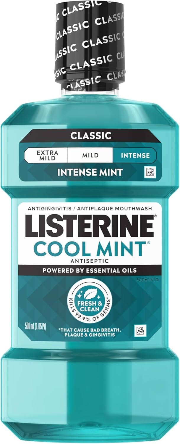 Listerine Cool Mint Intense Antiseptic Mouthwash, Daily Oral Rinse Kills 99.9% of Germs That Cause Bad Breath, Plaque and Gingivitis. for a Fresh, Clean Mouth, Intense Mint Flavor, 500 mL