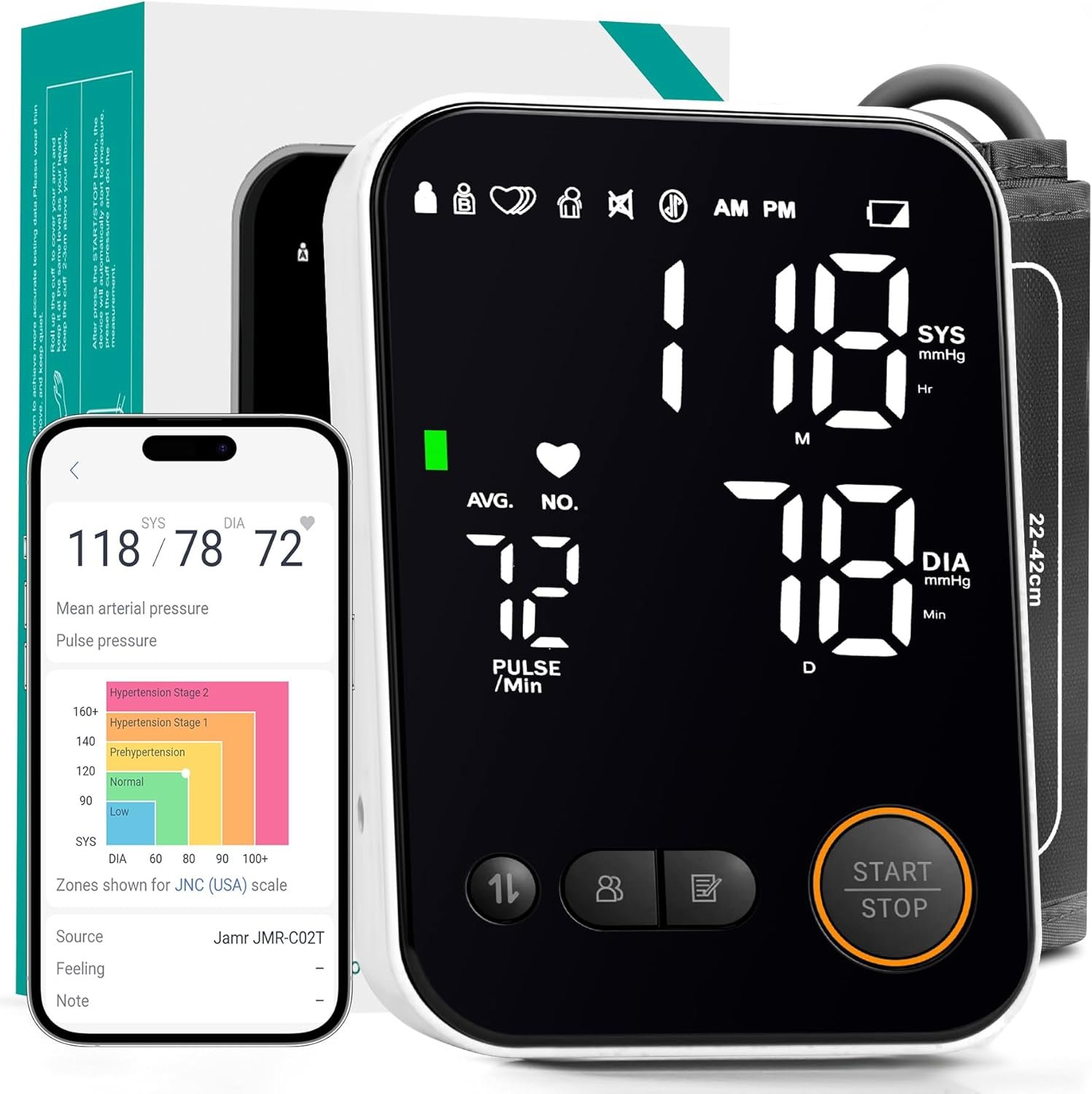 Blood Pressure Monitor Upper Arm – Bluetooth iOS & Android Compatible One-Button Operation Voice Broadcast Large LED Display Backlit 2×120 Memory Adjustable Cuff 8.7″-16.5″ with Storage Bag Black