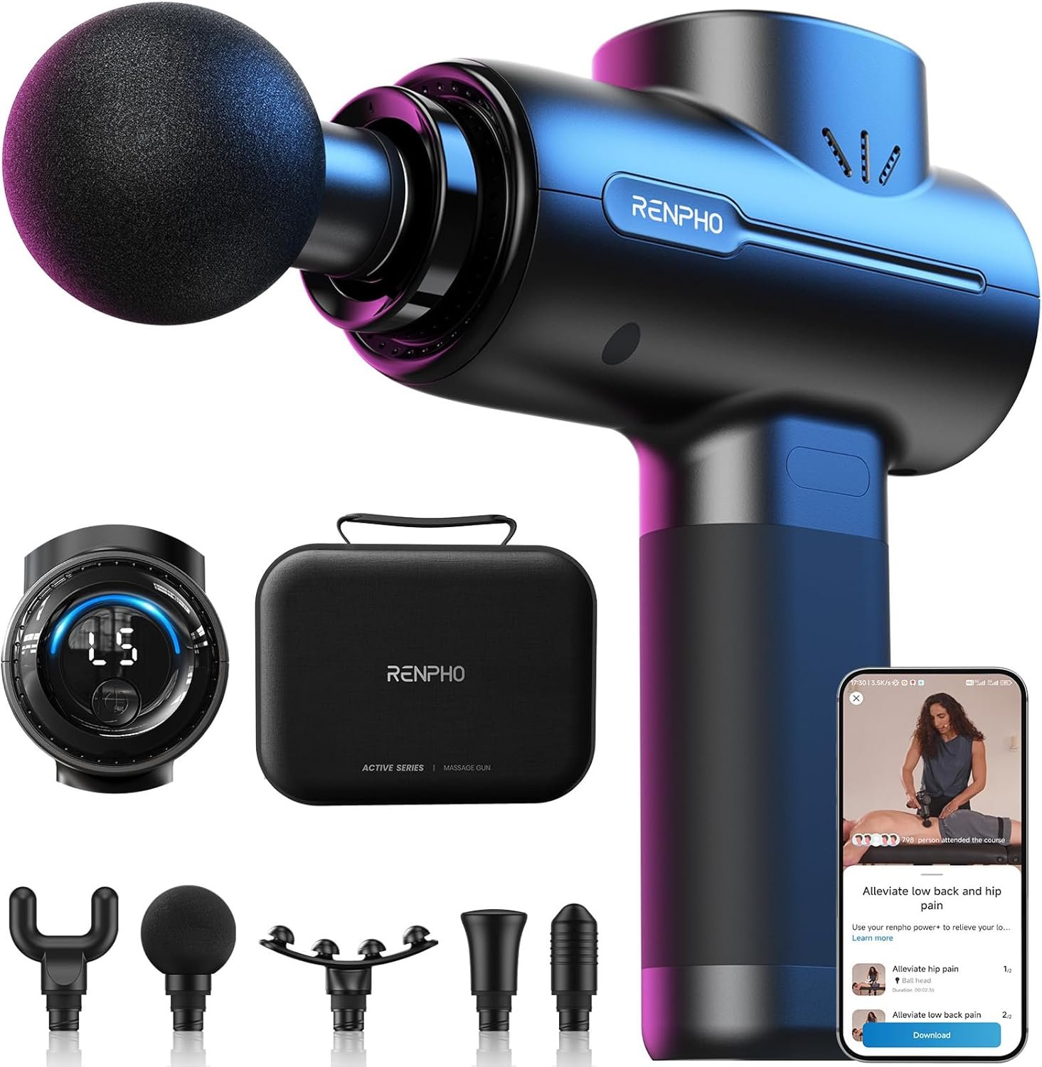 RENPHO Active+ Percussion Massage Gun – 5 Adjustable Speeds for Back, Neck, Muscle Recovery – App Controlled Guided Courses, with Carry Case for Professional Athlete, Gym and Travel