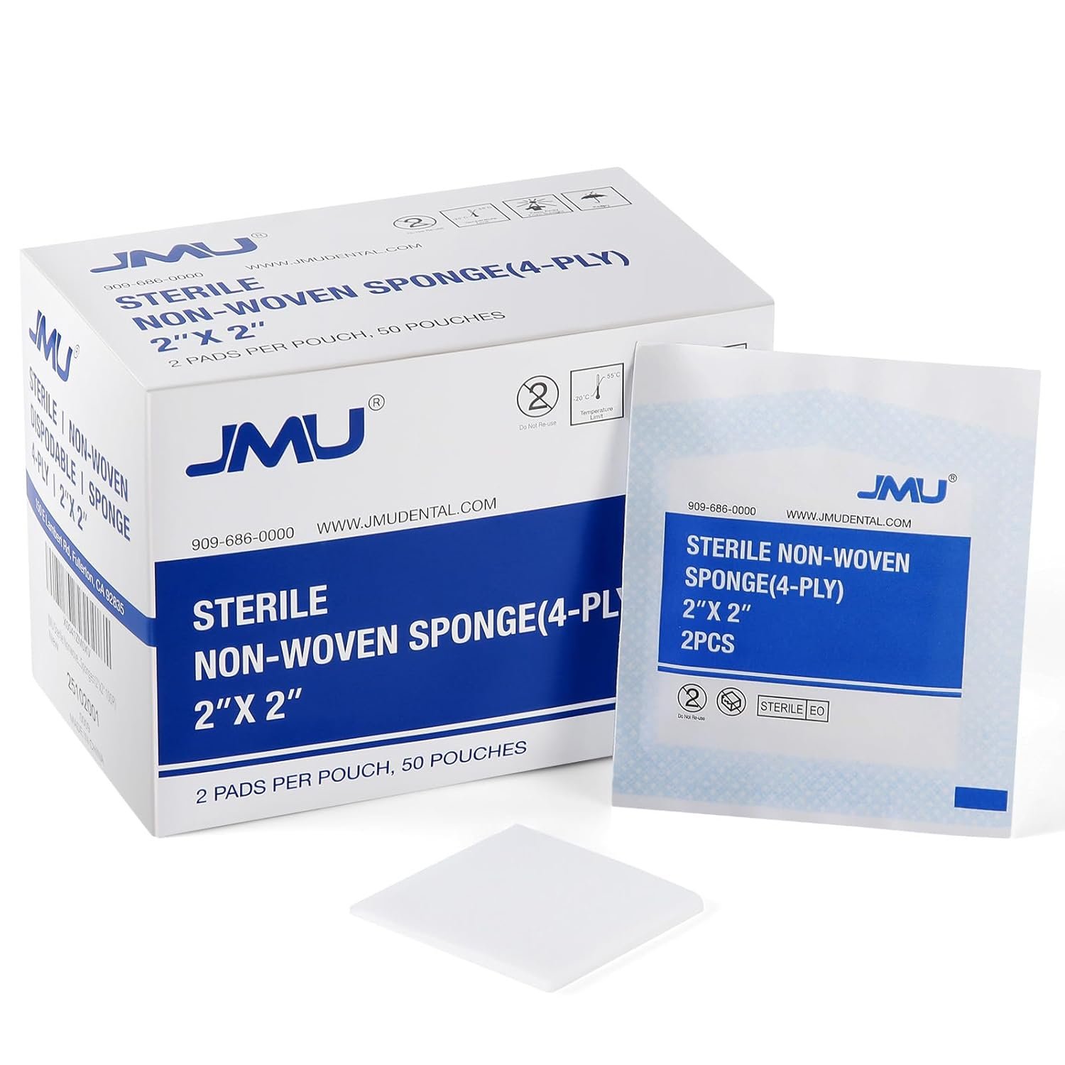 JMU Sterile Gauze Pads 2×2 Non-Woven, Highly Absorbent Sterile Gauze Sponges, 50 Packs, 100 Pcs Total