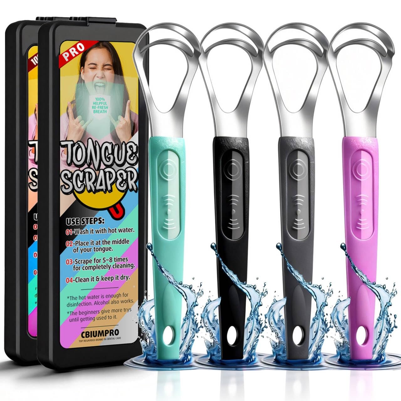 Cbiumpro 4-Pack Tongue Scraper for Kids & Adults, Stainless Steel Tongue Cleaner with Travel Case, Reduce Bad Breath
