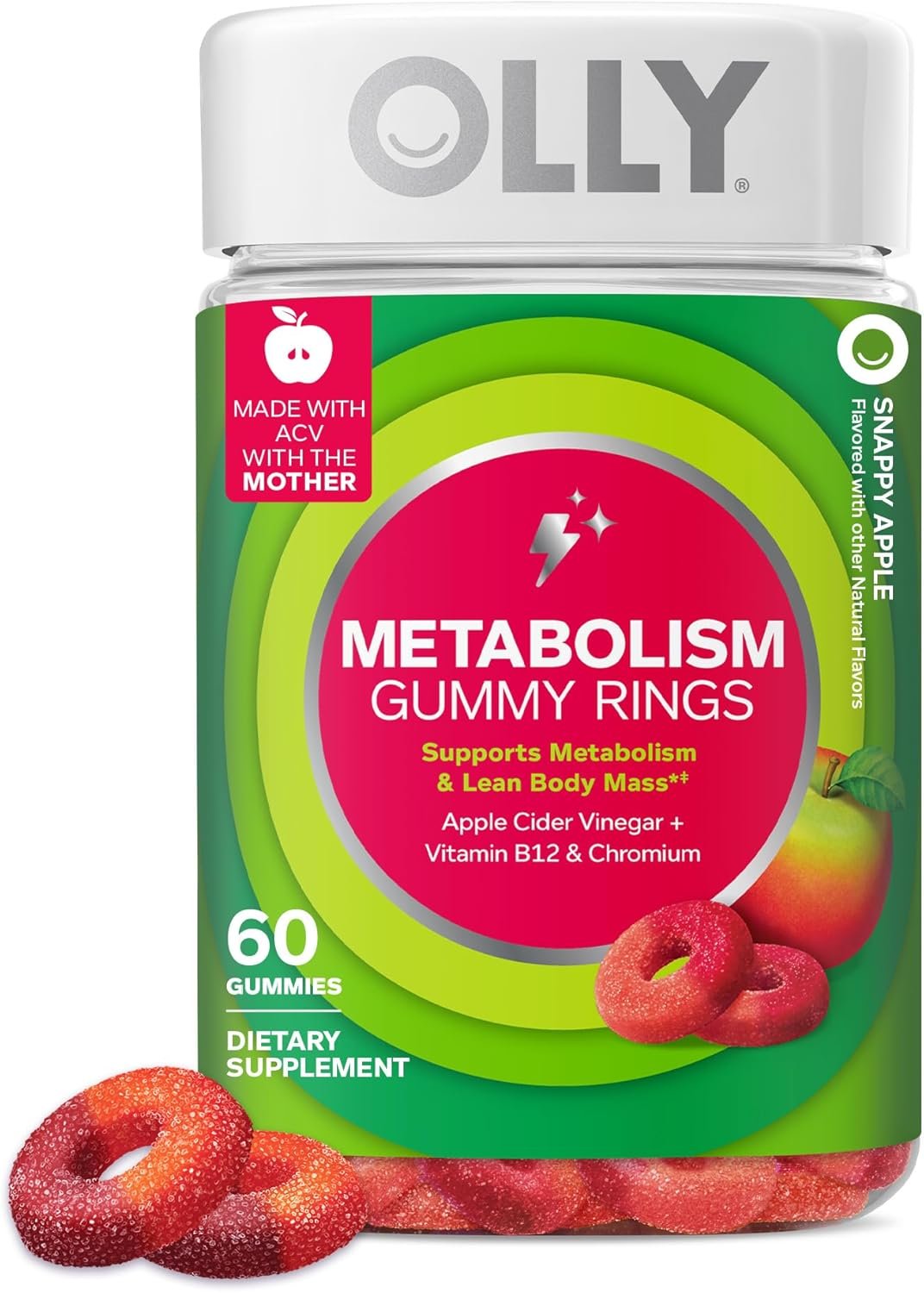 OLLY Metabolism Gummy Rings, Metabolism and Cellular Energy Chewable Supplement,* Apple Cider Vinegar, Vitamin B12, Chromium Picolinate, Apple Flavored, 60 Day Supply – 60 Count