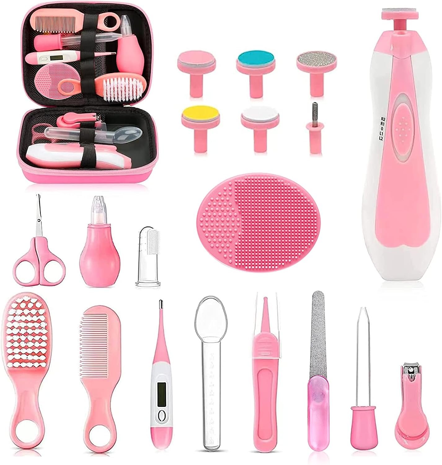 Baby Healthcare and Grooming Kit, 20 in 1 Portable Baby Safety Care Set with Hair Brush Comb Nasal Aspirator Electric Nail Trimmer Set Baby Essentials kit for Newborn Boys Girls (Pink)