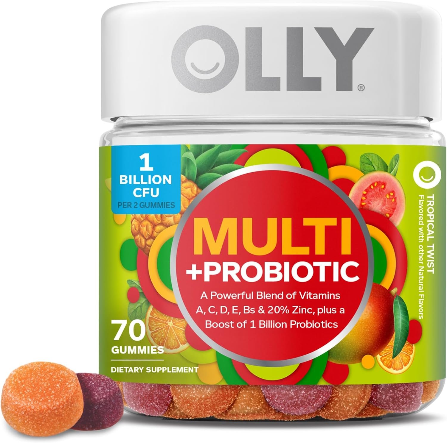 OLLY Multi + Probiotic Adult Multivitamin Gummy, 1 Billion CFUs, Digestive and Immune Support Chewable Supplement, Tropical Twist, 35 Day Supply – 70 Count