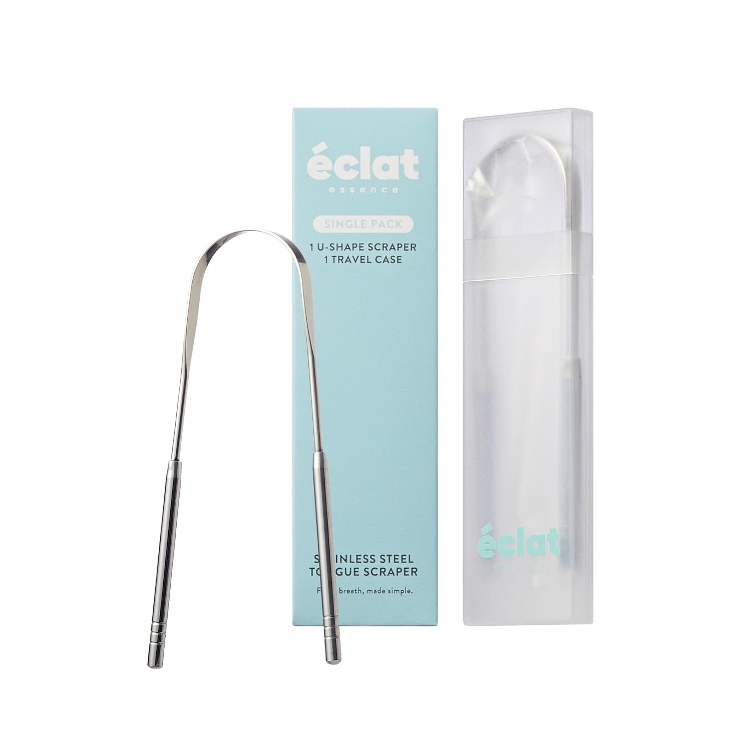 Éclat Stainless Steel Tongue Scraper with Travel Case, Tongue Cleaner for Fresh Breath & Oral Hygiene, Flexible, Durable, Easy-to-Use, Non-Irritating for Oral Care (Single (U Shape))