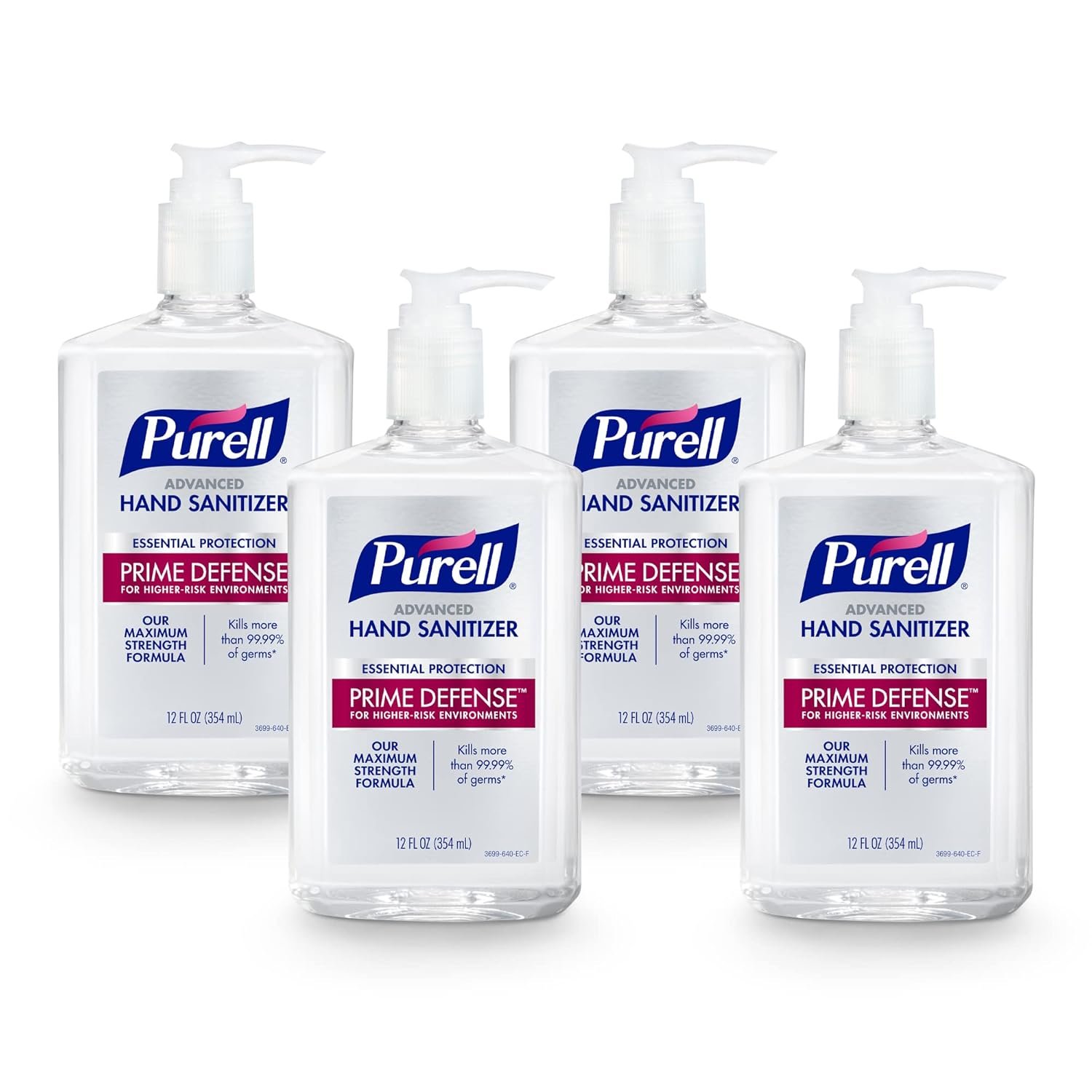 Purell Prime Defense Advanced Hand Sanitizer, Essential Protection, 12 fl oz Pump Bottles (Pack of 4) – 3699-06-EC2