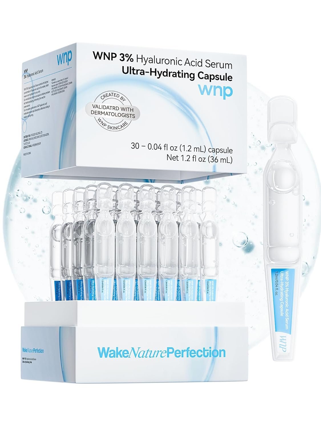 WNP Hyaluronic Acid Serum 3% for Face with 4D Multi-Layer Hydration | Ultra Hydrating Anti-Aging Serum | Moisturizer for Dry & Sensitive Skin | Pre-Makeup Skincare | Single-Use Vials 30PCS