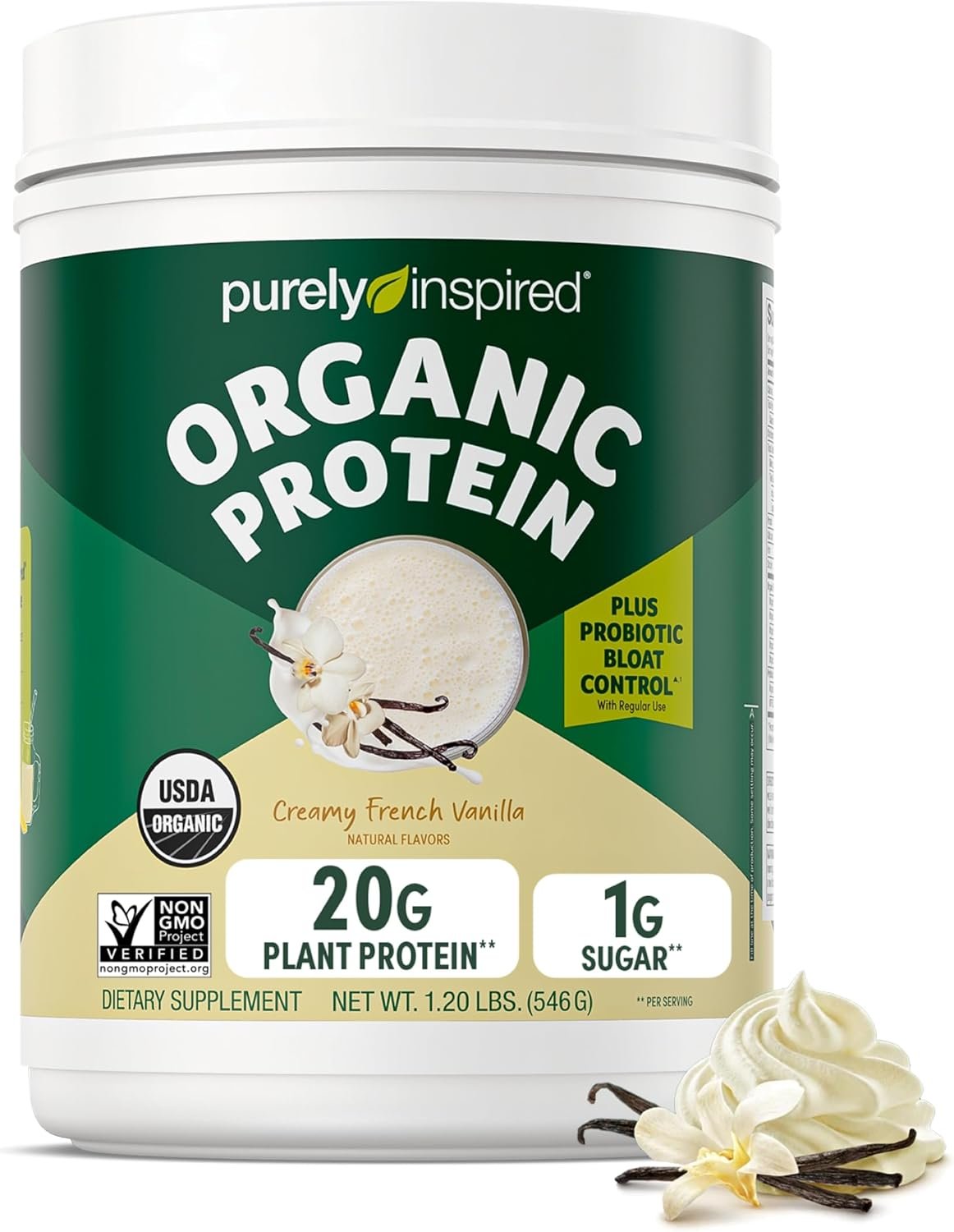 Purely Inspired Plant-Based Protein Powder for Men & Women, Creamy French Vanilla (16 Servings) – Vegan & Organic – 20g of Pea Protein Powder for Smoothies & Shakes – Dairy-Free, & Gluten-Free