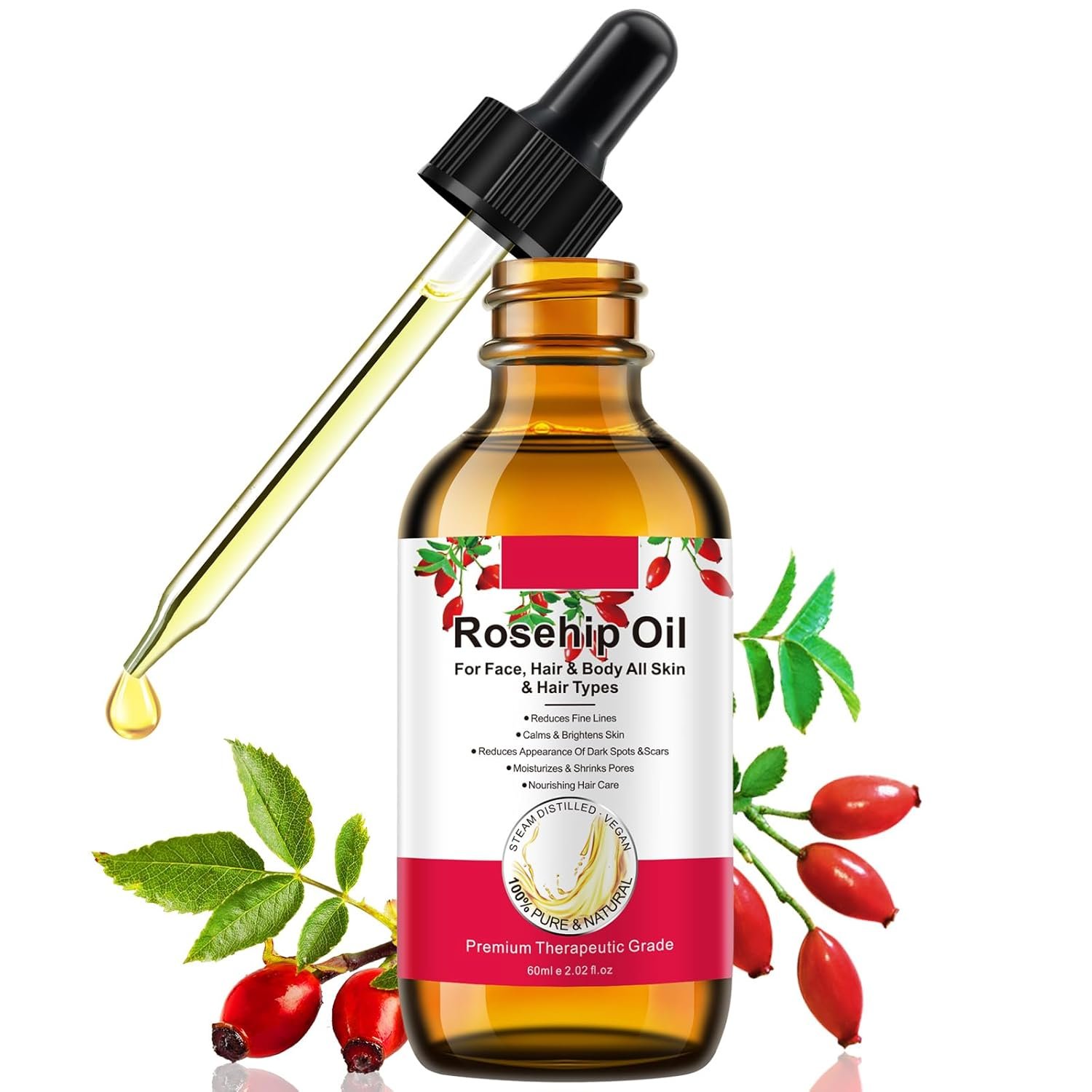 Rosehip Oil for Face, Rose Hip Oil Organic Rosehip Seed Oil 100% Pure Cold Pressed for Anti-Aging, Nourishing Hair Care, Face & Skin (2.02 Fl Oz)