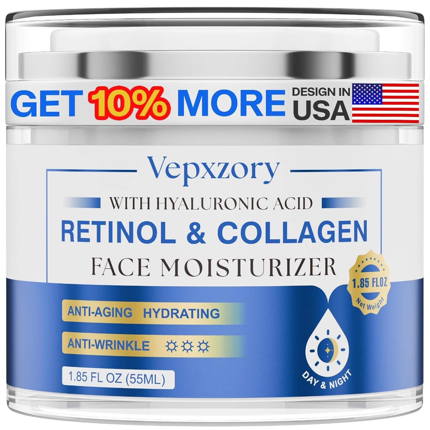 Face Moisturizer Retinol Cream For Face, Collagen Anti Aging Face Cream, Day-Night Neck Cream With Hyaluronic Acid, Wrinkle Cream For Women & Men Reduces Wrinkles, Dryness, 1.85 Fl. Oz