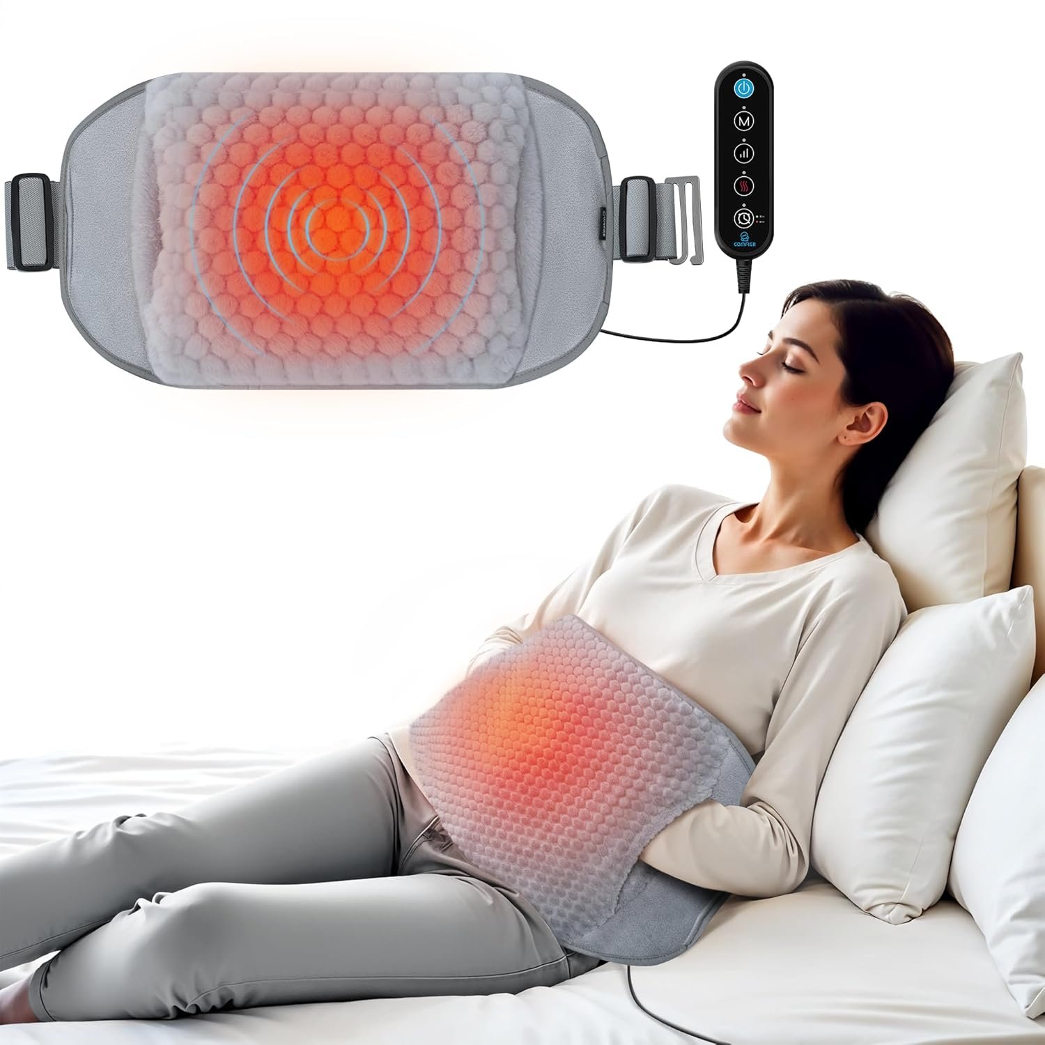 COMFIER Heating Pad with Massager for Back Pain,Extra Large Size Heating Pads for Cramps,Auto Shut Off,Wired Heated Waist Belt with 3 Vibration Modes,Grey