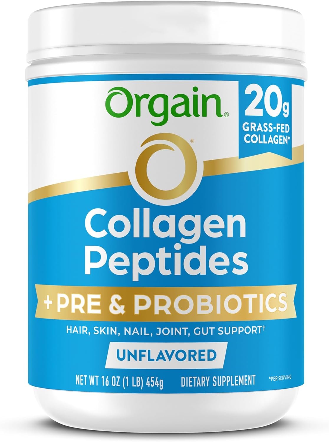 Orgain Hydrolyzed Collagen Peptides + Prebiotic & Probiotics Powder for Women & Men, 20g Grass Fed Collagen, 1 Billion CFU – Supports Digestive, Hair, Skin & Joint Health, Non-GMO, Type I & III, 1lb