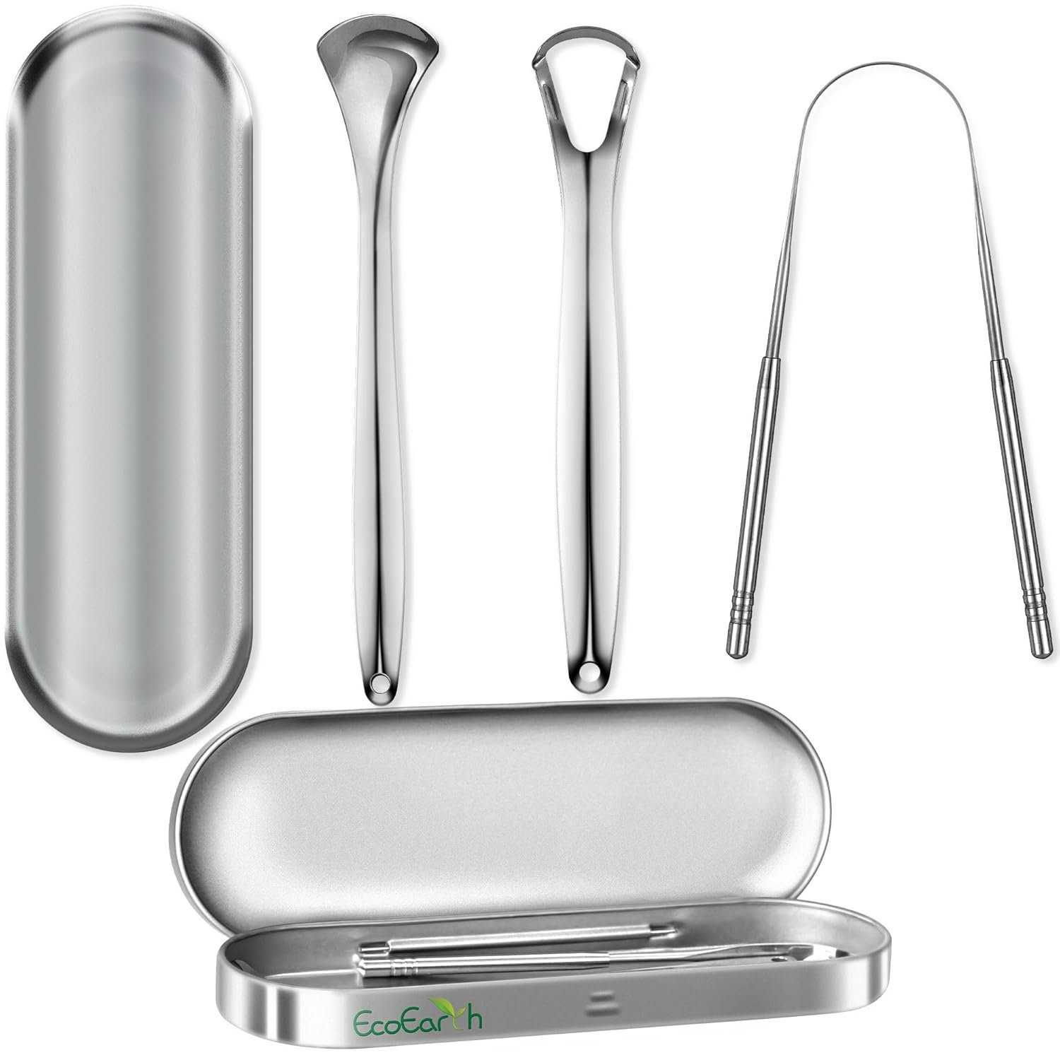 Tongue Scraper for Adults – 3 Pcs Metal Tongue Cleaner with Silver Storage Case – Tough Stainless Steel Mouth Scrubber for Fresh Breath & Oral Hygiene – by EcoEarth