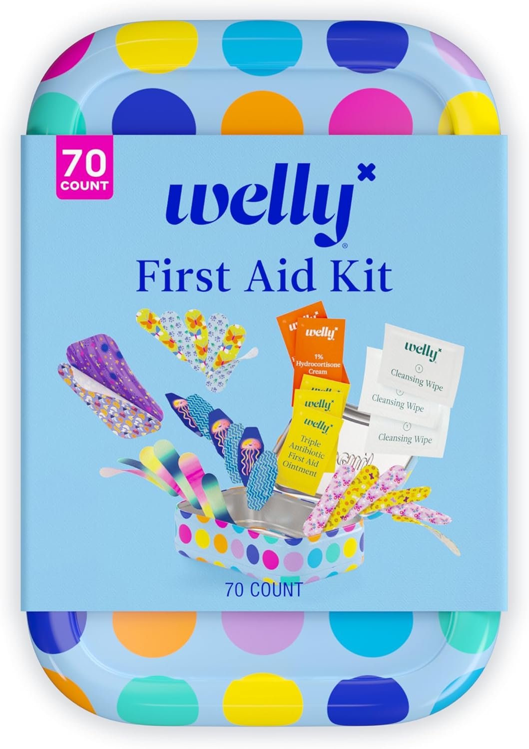 Welly First Aid Kit – FSA Eligible – Adhesive Bandages in Flexible Fabric and Waterproof, Single Use Ointments (Triple Antibiotic, Cleansing Wipes and Hydrocortisone) – 70 Count