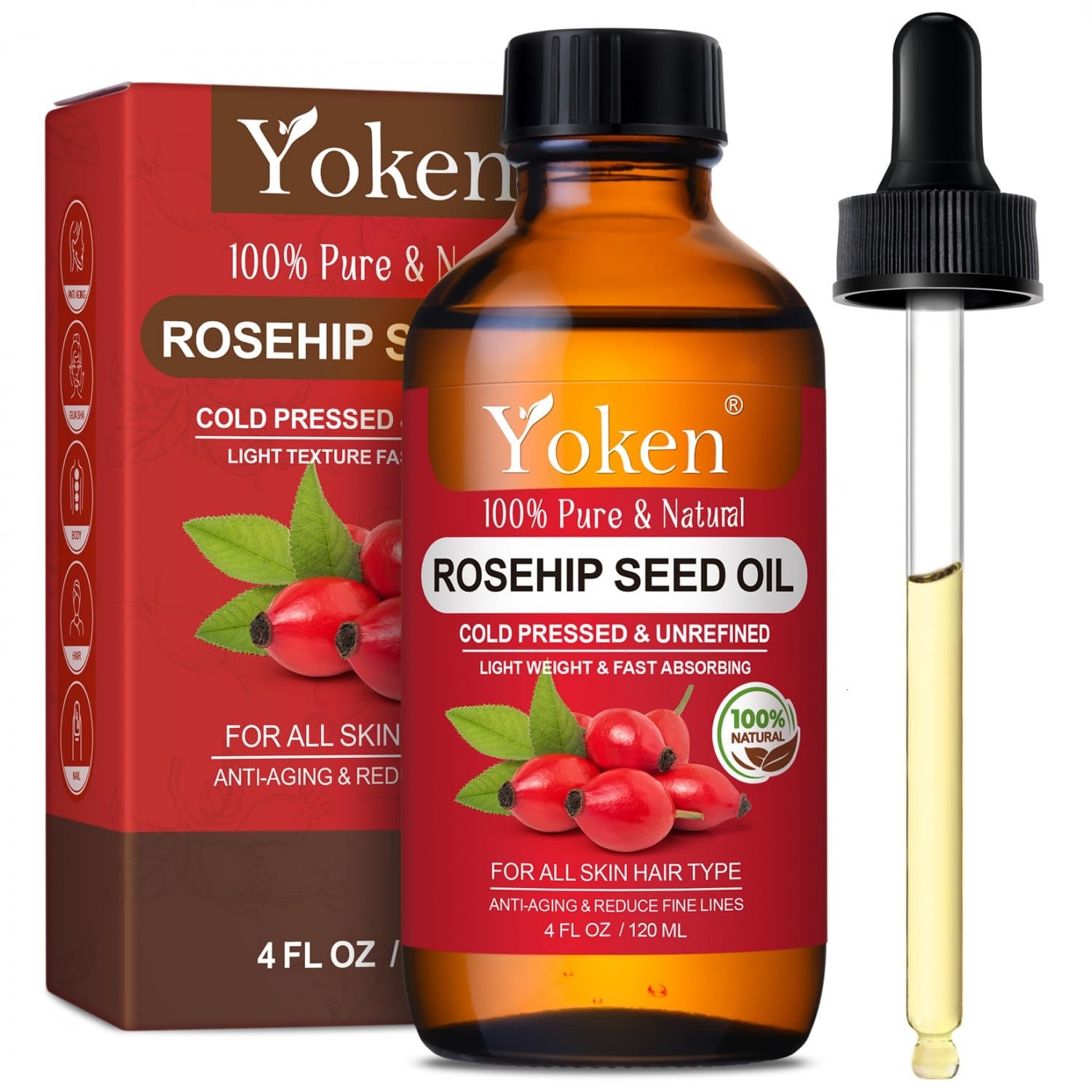Rosehip Seed Oil for Face, 100% Pure and Natural Cold Pressed Unrefined Organic Rosehip Carrier Oil for Skin, Hair, Body & Nails – Lightweight, Fast-Absorbing (4 fl oz)