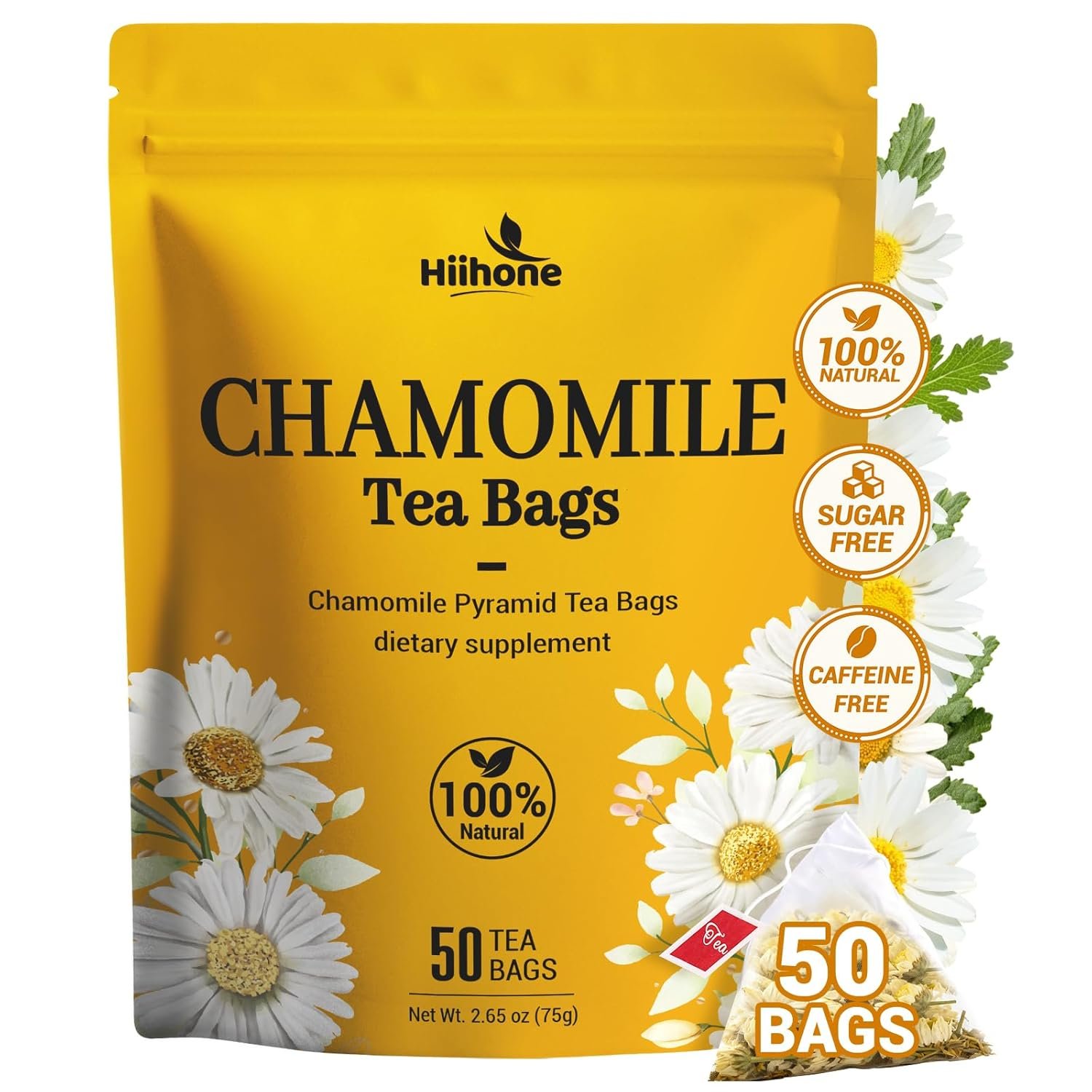 Chamomile Tea Bags, Chamomile Flower Herbal Tea – Sugar-Free, Caffeine-Free, 50 Teabags