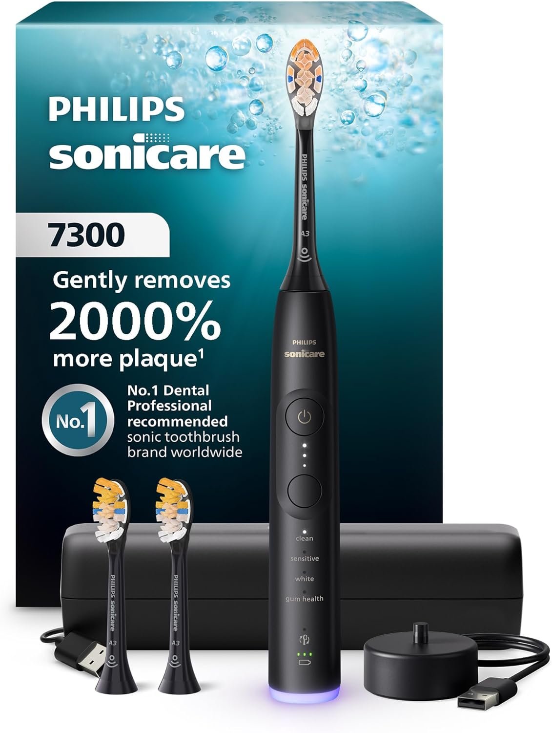 Philips Sonicare 7300 Series Electric Toothbrush – Next-Generation Sonicare Technology, Pressure Sensor, 12 Brushing Settings, SmarTimer, BrushPacer, 21-Day Runtime, Travel Case, Black, HX7421/07