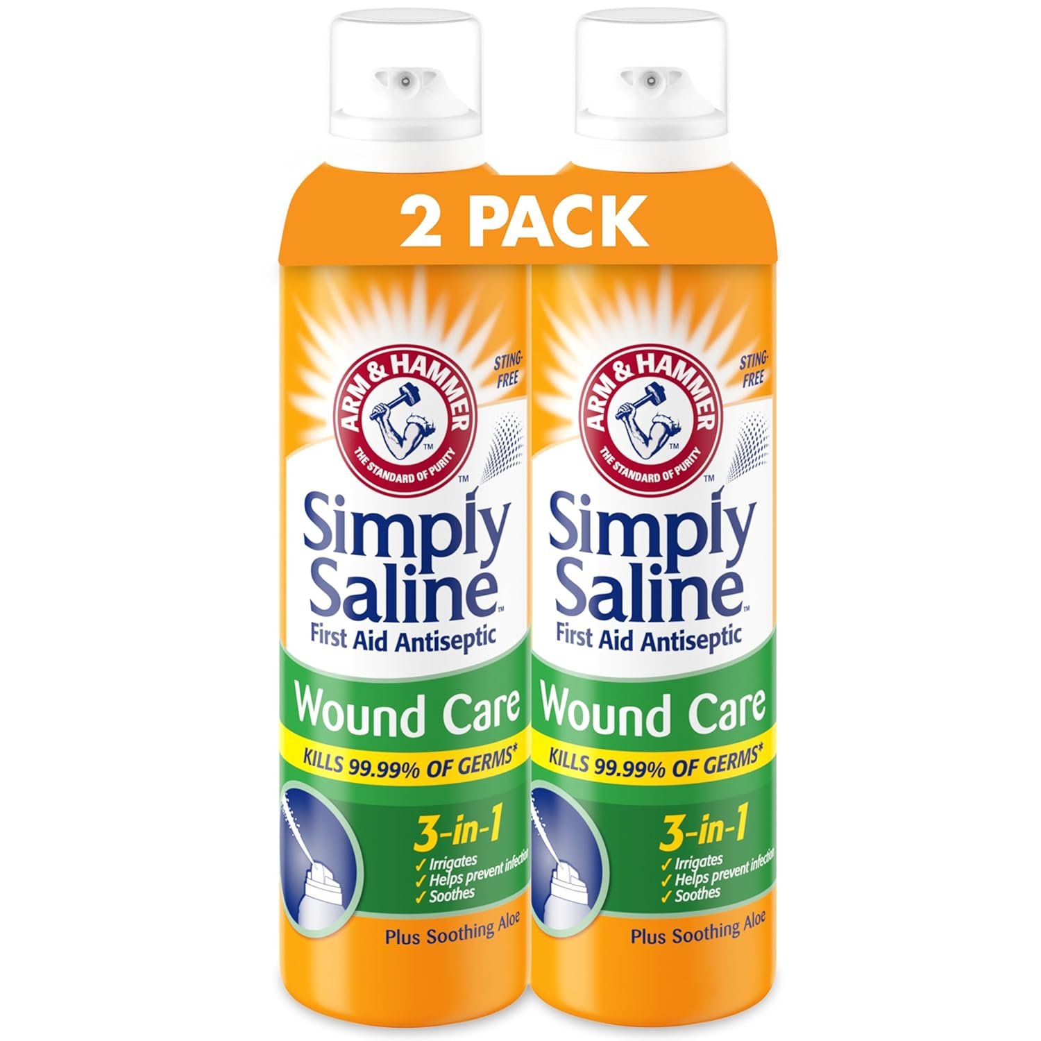 ARM & HAMMER Simply Saline Wound Care 3-in-1, Antiseptic First Aid Spray with Aloe to Help Prevent Infection, Sting-Free Saline for Wound Irrigation and Cleaning, Soothe Wounds with Aloe, 7.4 oz, 2pk