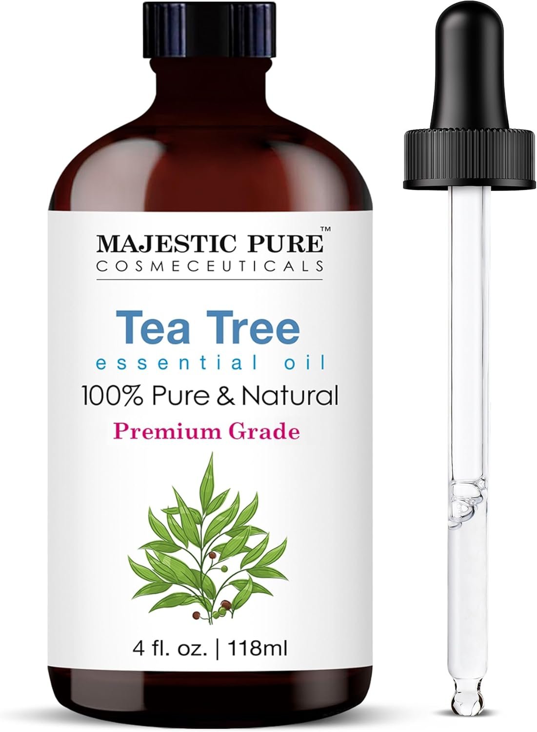 Majestic Pure Essential Oil with Glass Dropper – 100% Pure and Natural – Essential Oils for Diffuser, Aromatherapy, Soap and Candle Making, Tea Tree Essential Oil, Tea Tree Oil, 4 Fl Oz