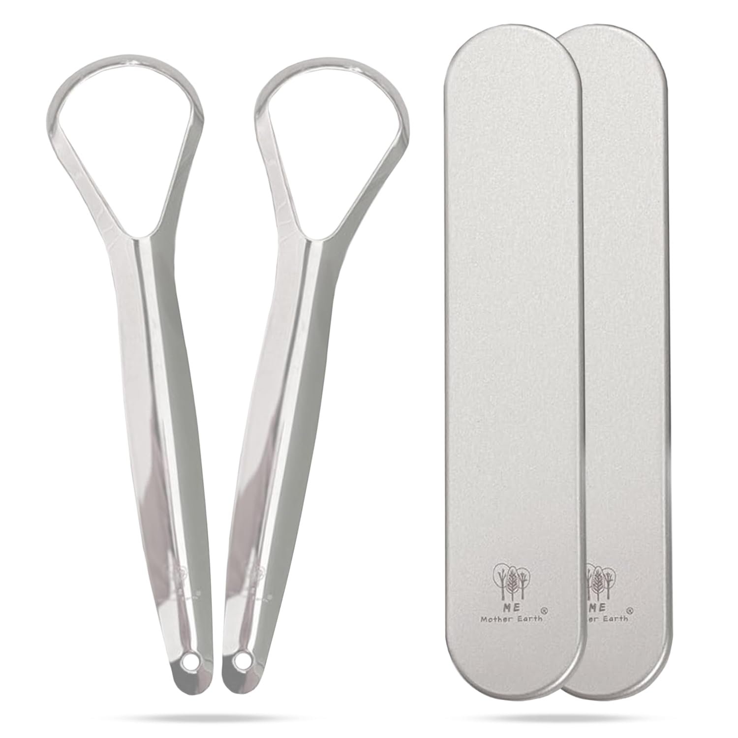 Me Mother Earth 2 pack Stainless Steel Tongue Scraper for Adults with 2 Metal Travel Cases – Durable Metal Cleaner for Oral Care, Fresh Breath, and Eco-Friendly Dental Care