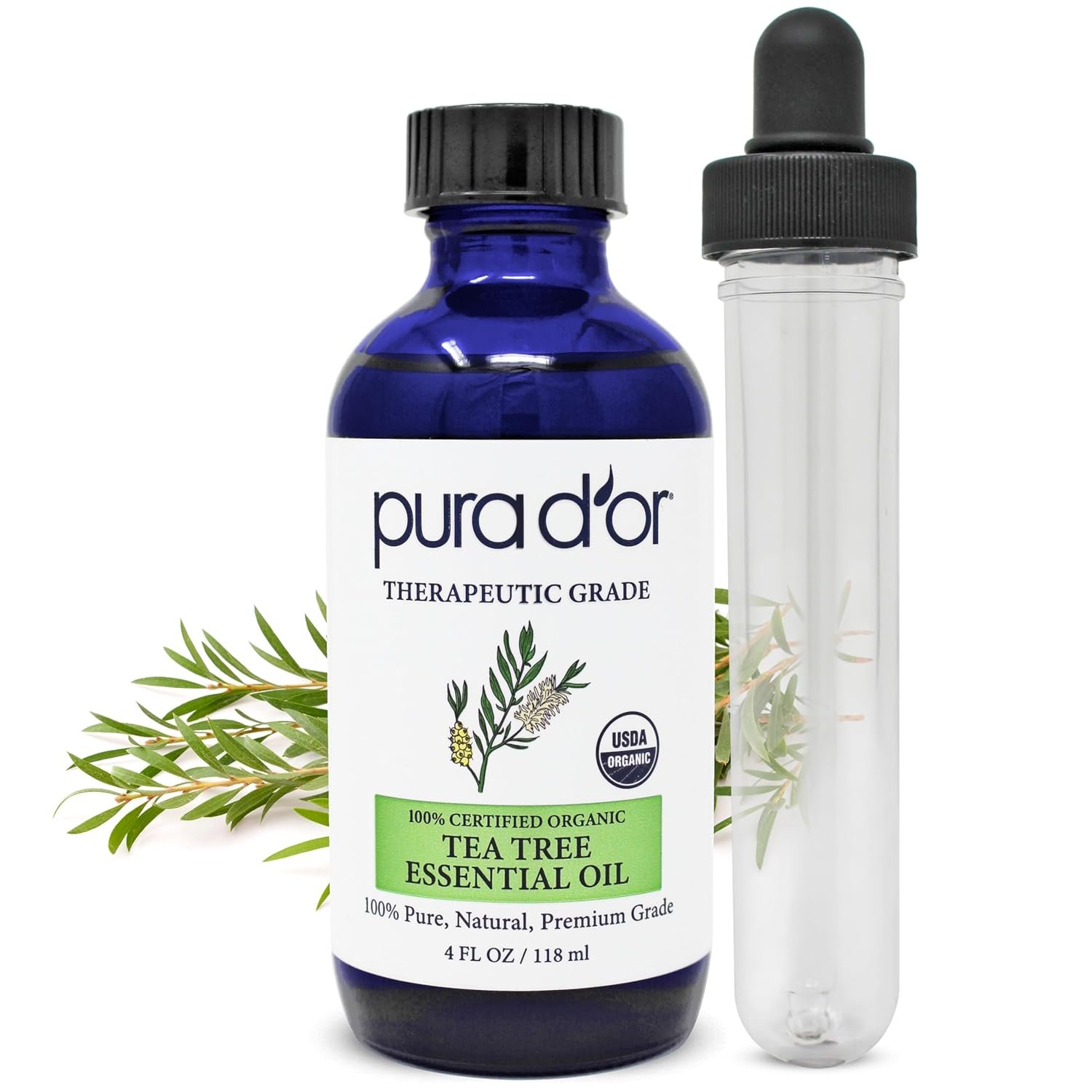 PURA D’OR ORGANIC Tea Tree Melaleuca Essential Oil (4 Oz with Glass Dropper) 100% Pure & Natural Therapeutic Grade For Hair, Body, Skin, Scalp, Aromatherapy Diffuser, Cleansing, Purify, Home, DIY Soap