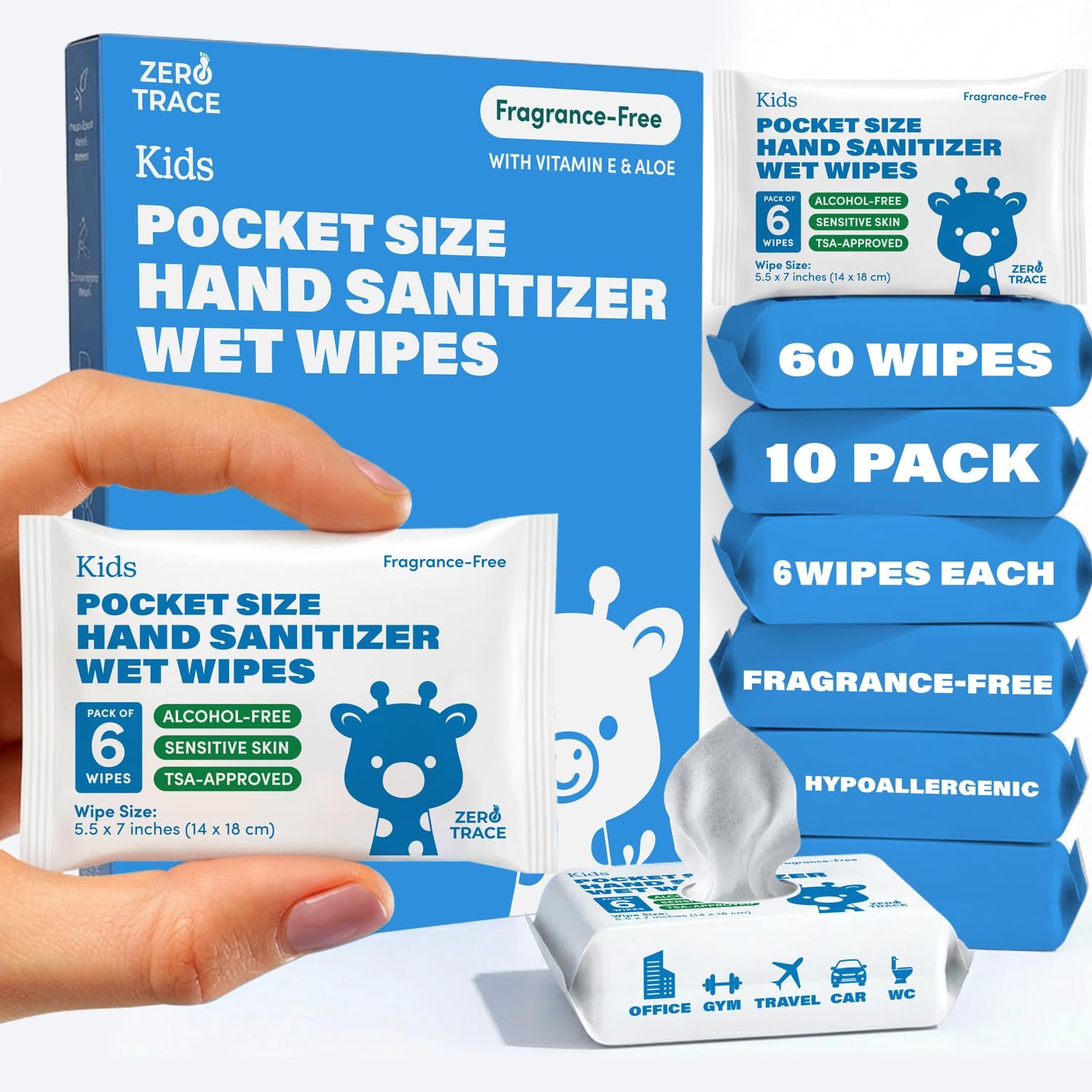 Zero Trace Pocket Hand Sanitizer Wipes – Alcohol-Free & Fragrance-Free – Kills 99.9% of Germs – Safe for Kids & Sensitive Skin – Travel Wipes – 60 Count (10 Packs of 6) – TSA Approved