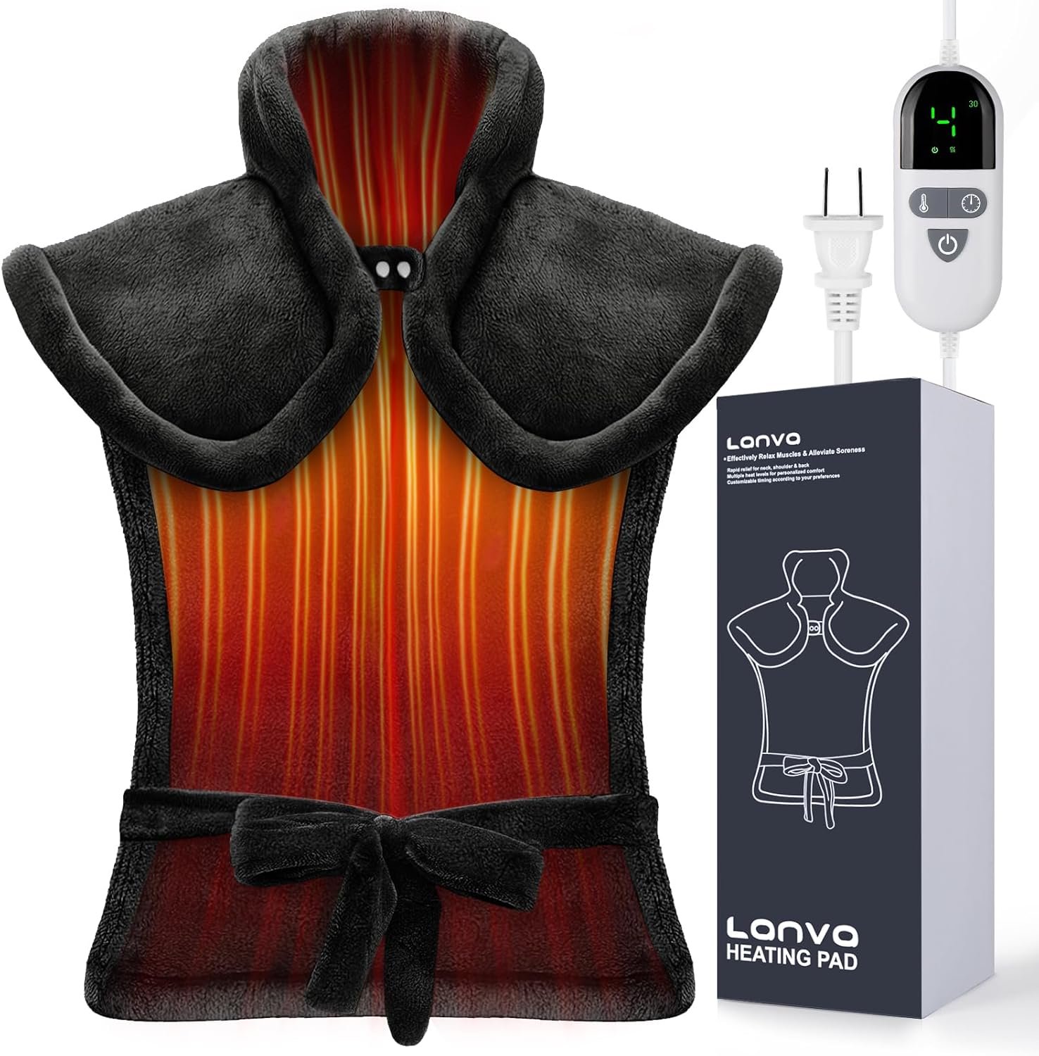 Heating Pad for Neck and Shoulders and Back, Pain Relief Electric Heating Pad Large Size 24”X33” with 4 Timers, 6 Heat Levels and Auto-Off, Birthday Gifts for Women Men Mom Dad Grandma – Ink Black