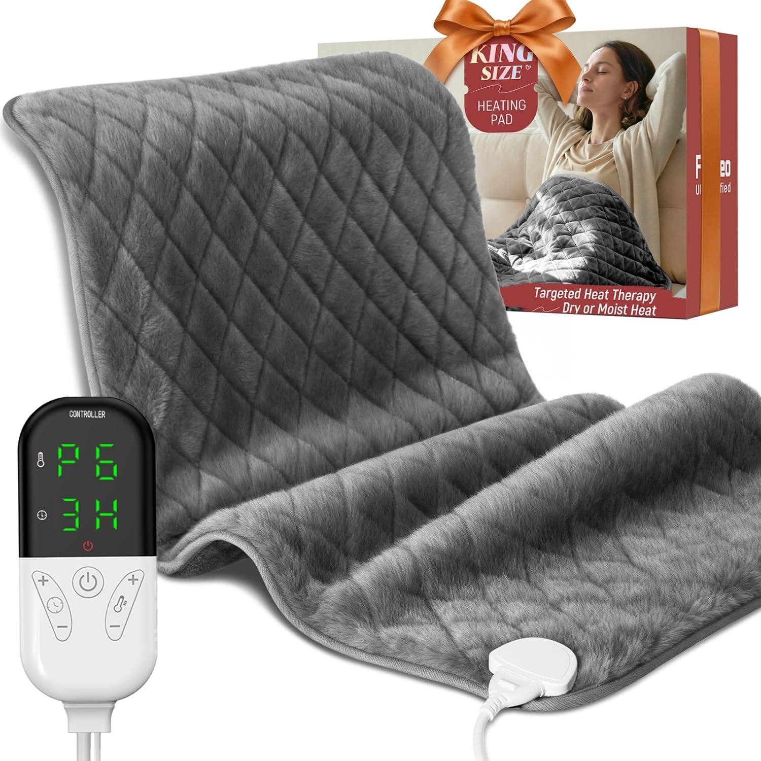Electric Heating Pad for Pain Relief – 35″x20″ King Size, Moist & Dry Heat, Machine Washable Soft Velvet, Adjustable Temperature, Auto Shut Off, Ideal for Period Cramps, Back, Neck, Shoulder & Waist