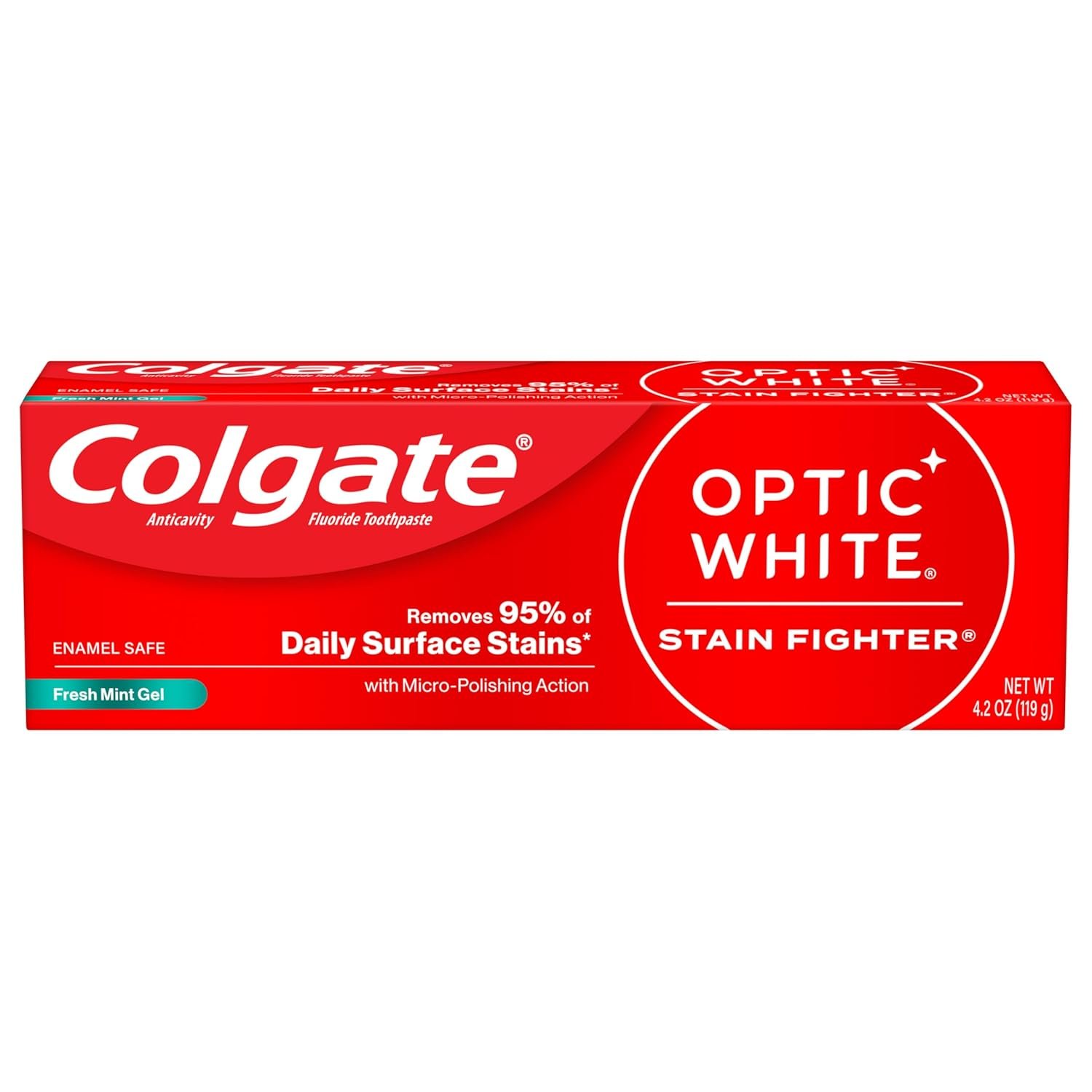 Colgate Optic White Stain Fighter Teeth Whitening Toothpaste, Anticavity Fluoride Toothpaste for Whitening Teeth, Helps Remove Daily Surface Stains, Fresh Mint, 4.2 oz