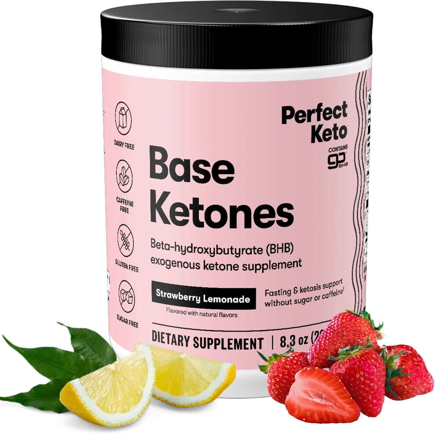 Perfect Keto Exogenous Ketones Powder, BHB Salts Supplement for Ketosis & Fasting, Electrolytes for Hydration, Caffeine Free Energy, Keto Diet, Focus & Workout Support, Strawberry Lemonade, 8.57 oz