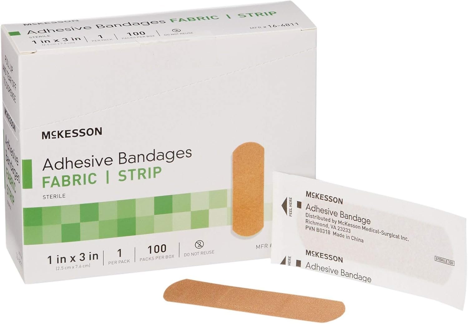 McKesson Adhesive Bandages, Sterile, Fabric Strip, 1 in x 3 in, 100 Count, 1 Pack