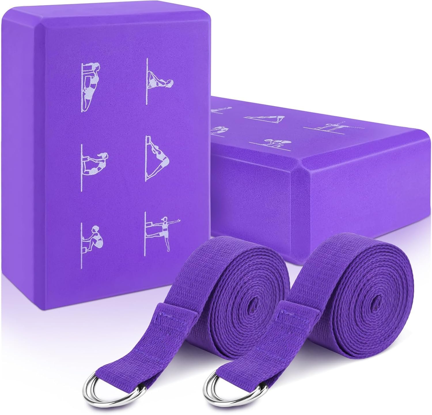 RETON 2 Pack Yoga Blocks and 2 Yoga Straps Set, Soft Non-Slip Yoga Block for Pilates, High Density EVA Foam Yoga Brick with Yoga Strap for General Fitness, Stretching, Improve Strength and Flexibility