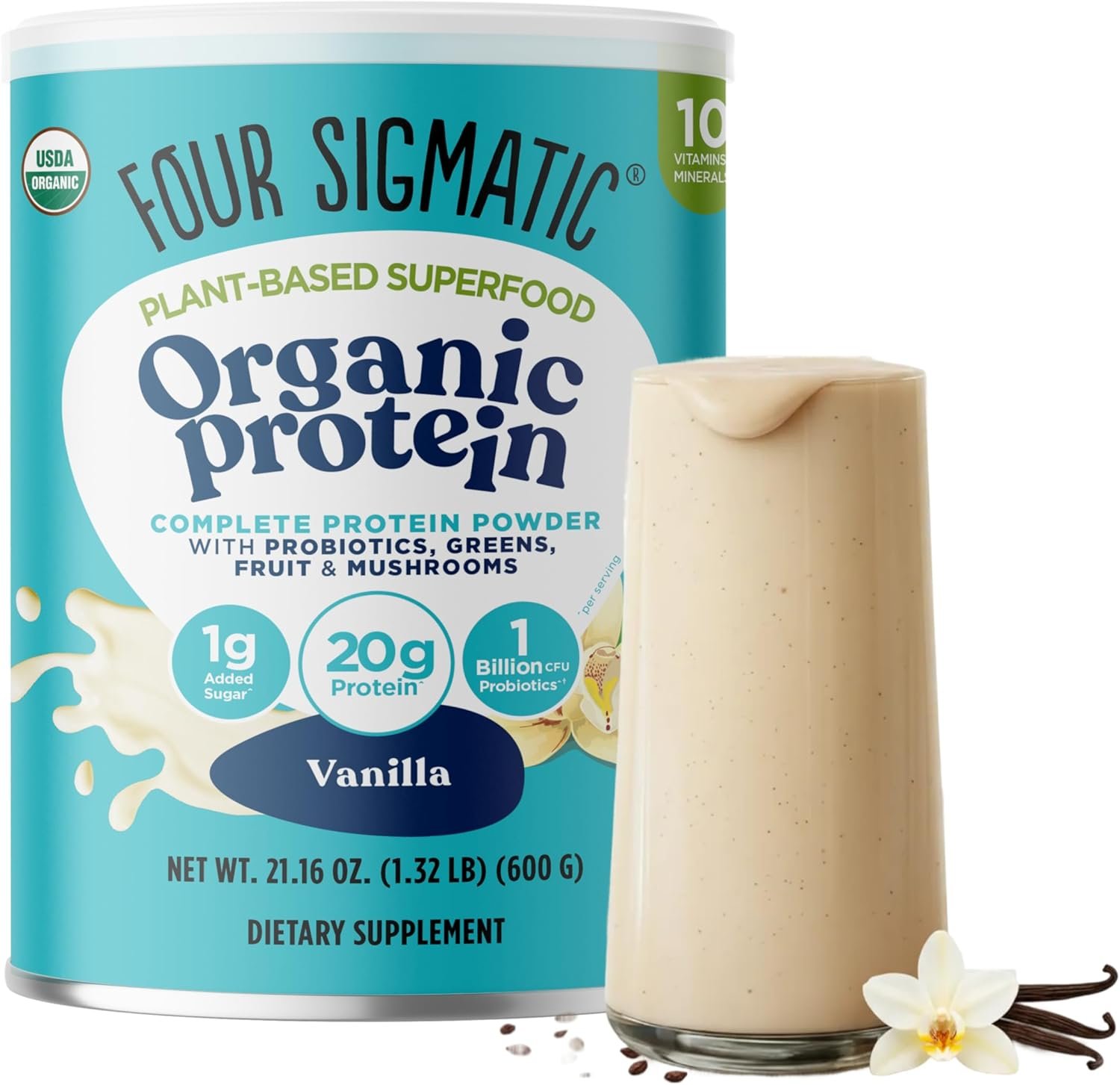 Four Sigmatic Organic Vegan Protein Powder | 18g Plant-Based Protein per Serving | Gluten Free, Dairy Free, Soy Free, Non-GMO with No Filler Ingredients | 21.16oz, 15 Servings | Vanilla
