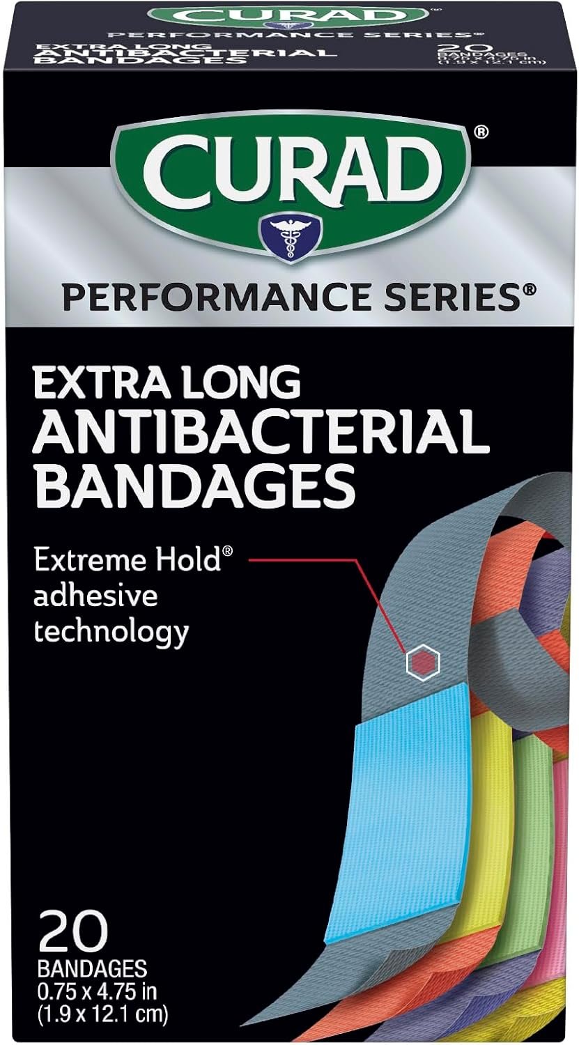 CURAD Performance Series IRONMAN Antibacterial Bandages, Extreme Hold Adhesive Technology, Extra Long Flexible Fabric Bandages for Cuts, Scrapes, & Burns, Assorted Colors, 0.75 x 4.75 inches, 20 Count