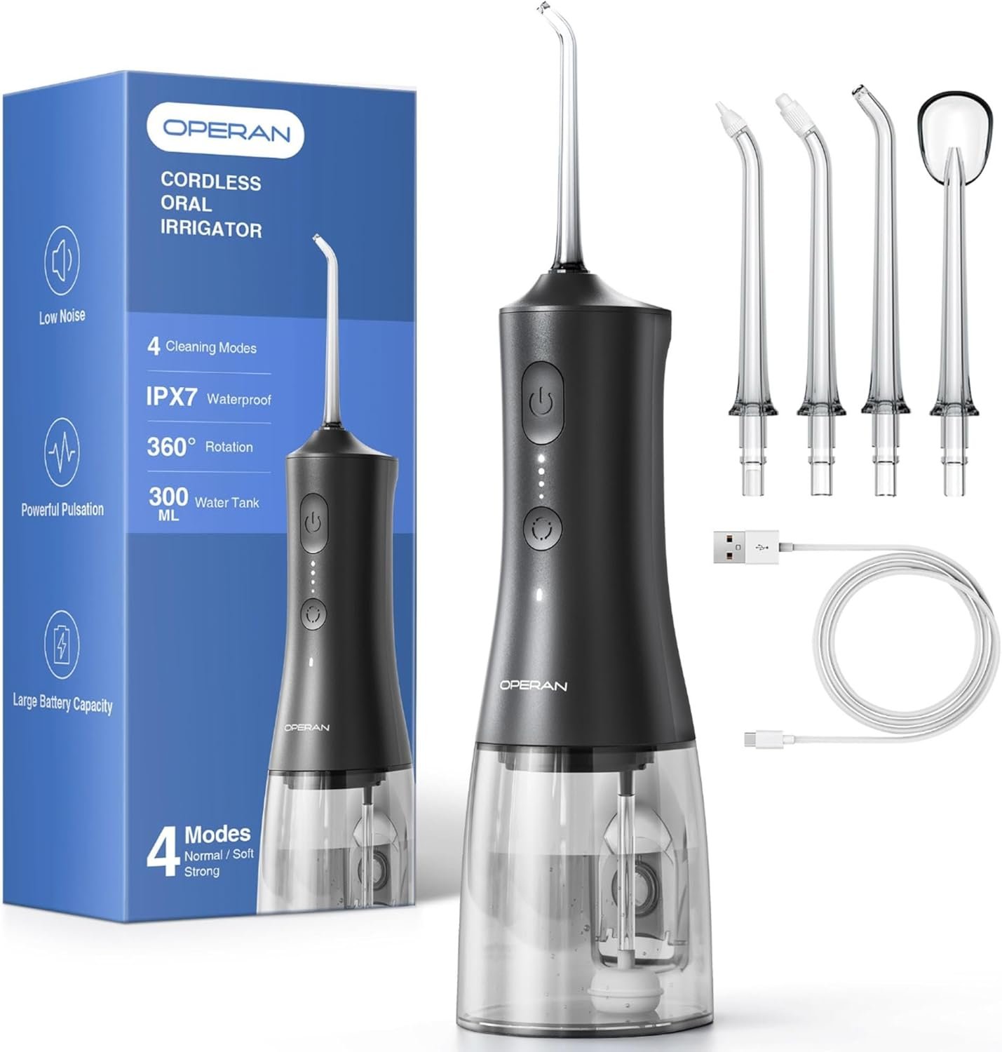 Operan 300ml Cordless Water Dental Flosser, Portable Water Flossers for Teeth, 4 Pulse Modes IPX7 Waterproof Oral Irrigator with 4 Tips, 21 Days Runtime for Travel, Home, Braces, Gum Care, Black+1Pack