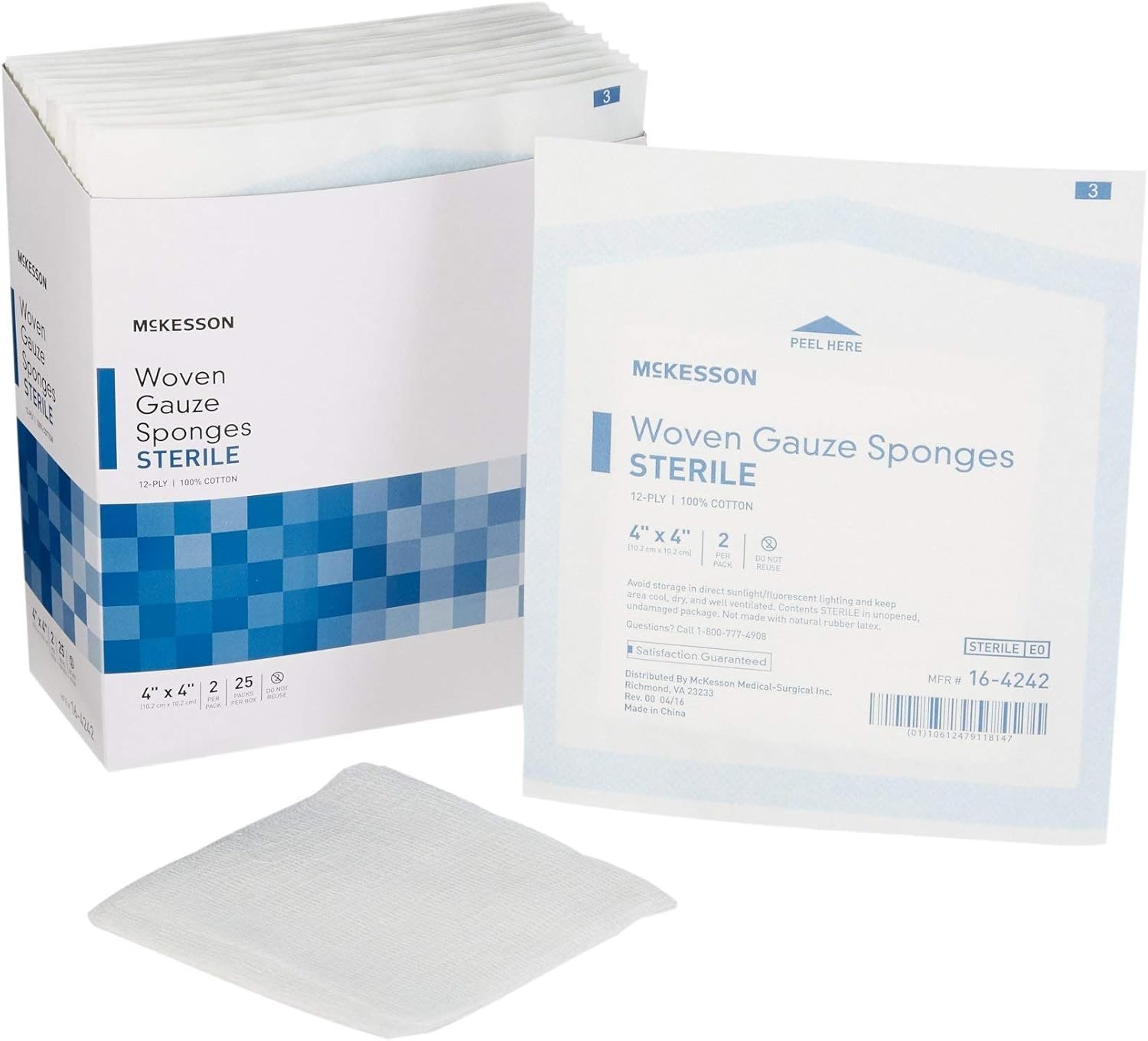 McKesson Woven Gauze Sponges, Sterile, 12-Ply, 100% Cotton, 4 in x 4 in, 2 per Pack, 25 Packs, 50 Total
