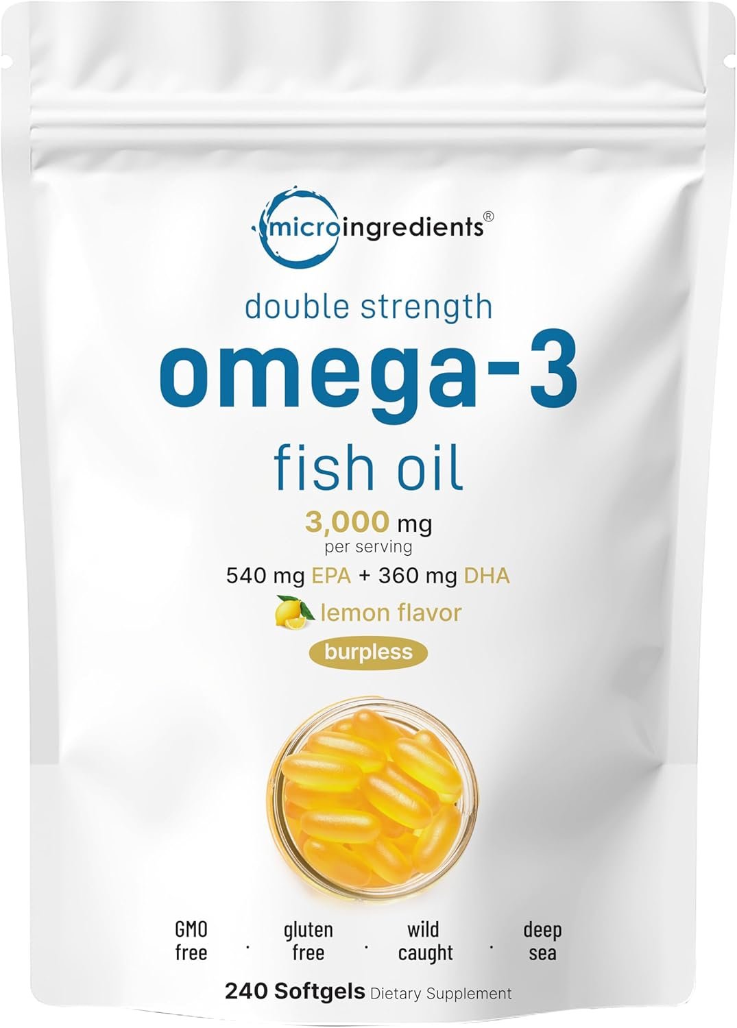 Micro Ingredients Omega 3 Fish Oil Supplements 3,000mg Per Serving, 240 Softgels | Lemon Flavored – Burpless | EPA 540mg + DHA 360mg | Deep Sea Fish