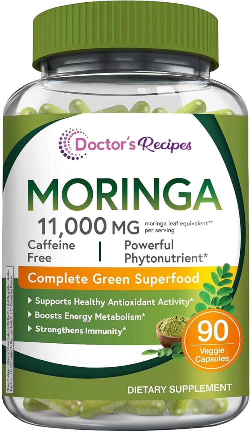 Doctor’s Recipes Moringa 11,000 mg Strength, Complete Green Superfood, Natural Antioxidant Support, Non-GMO, 90 Vegan Caps, No Caffeine Soy Gluten