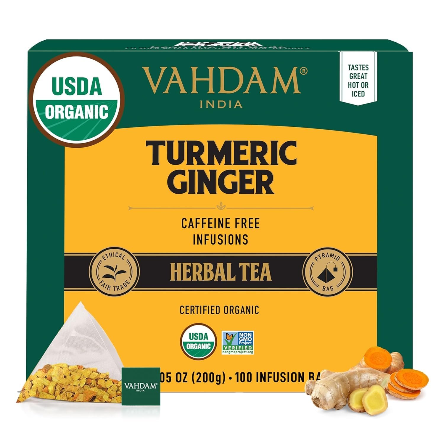 VAHDAM Organic Turmeric Ginger Herbal Tea Bags (100 Pyramid Tea Bags) Caffeine Free, Non GMO | 100% Pure Herbal Blend – Savory & Spicy, Plant-Based Teabags | Resealable Ziplock Pouch
