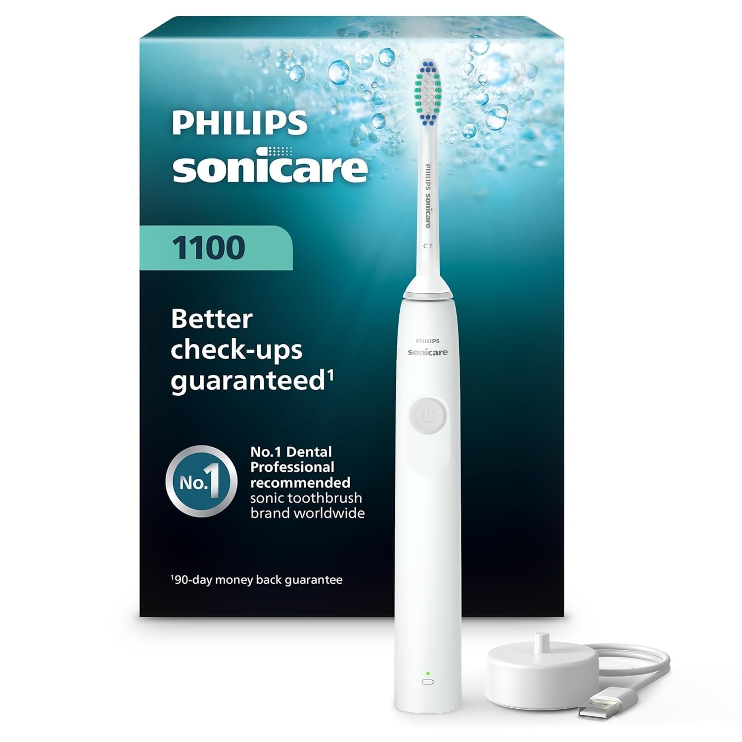 Philips Sonicare 1100 Series Electric Toothbrush – Sonic Toothbrush with Advanced Sonic Technology, EasyStart, Smartimer & Quadpacer, White, Model HX3641/02