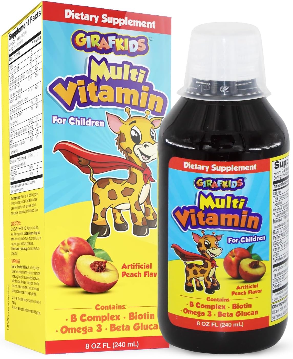 GirafKids Liquid Multivitamin for Kids Ages 4+, 8oz – Daily Child Vitamins with Biotin, Vitamin A, B Complex, Folic Acid, Omega-3 & Beta Glucan – Dietary Supplement for Kids Growth and Energy