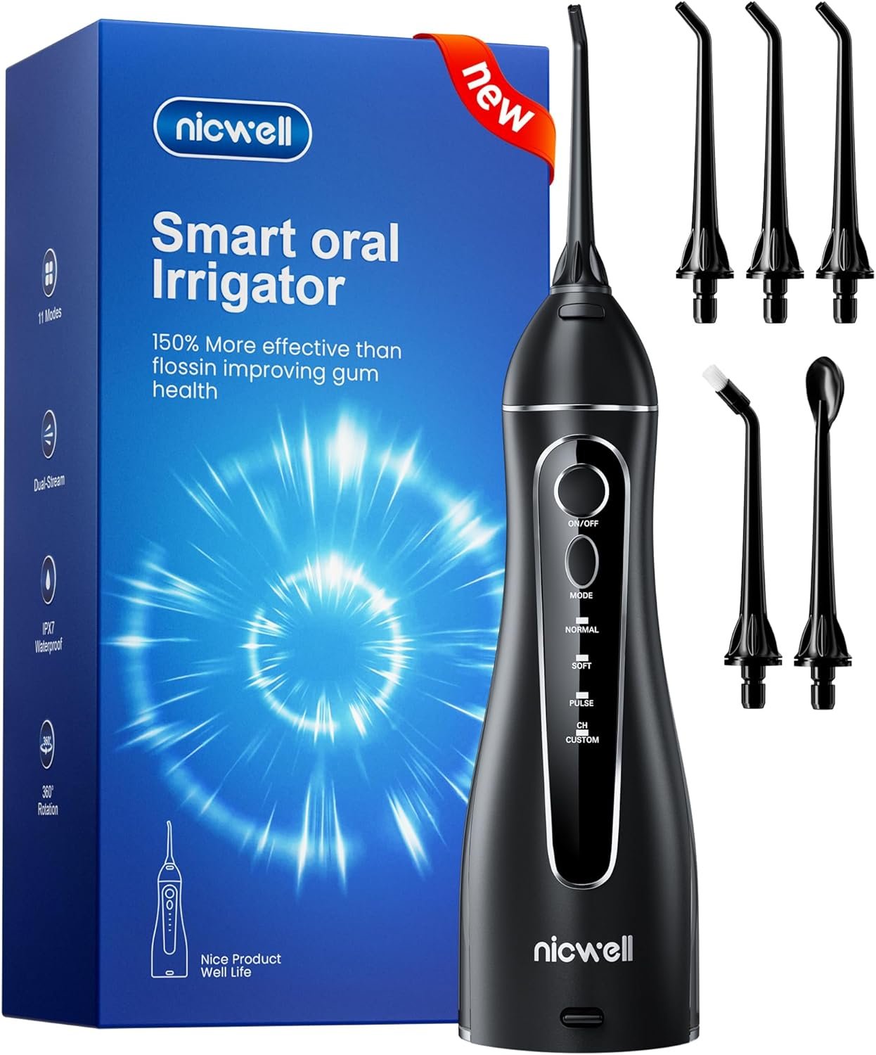 Nicwell Cordless Water Flosser – 4 Modes Rechargeable Oral Irrigator IPX7 Waterproof with 5 Tips for Deep Cleaning