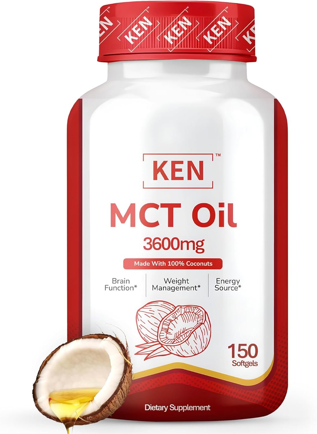 KEN Premium MCT Oil Supplement, 3600 MG Softgel, Keto Supplements for Ketosis from Pure Coconut Oil, Weight Management, Brain Fuel and Metabolic Support, Non-GMO, 150 Softgels