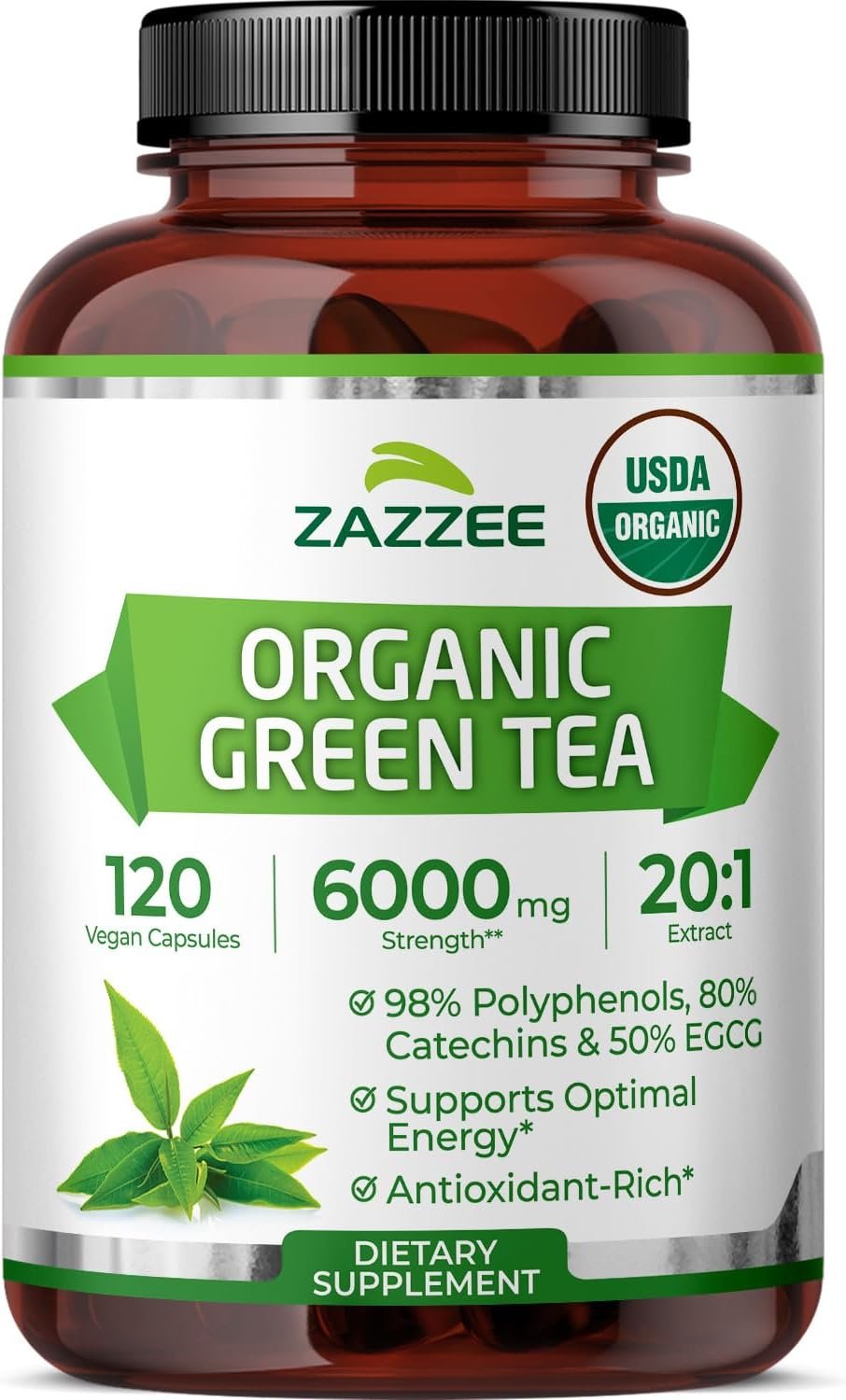 Zazzee USDA Organic Green Tea 20:1 Extract, 6000 mg Strength, 50% EGCG, 98% Polyphenols and 80% Catcehins, 120 Vegan Capsules, 4 Month Supply, Standardized and Concentrated 20X Potency, Non-GMO