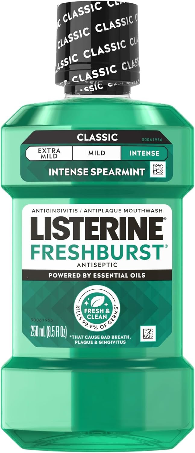 Listerine Freshburst Antiseptic Mouthwash for Bad Breath, Kills 99% of Germs That Cause Bad Breath & Fight Plaque & Gingivitis, ADA Accepted Mouthwash, Spearmint, 8.5 Fl. Oz (250 mL)