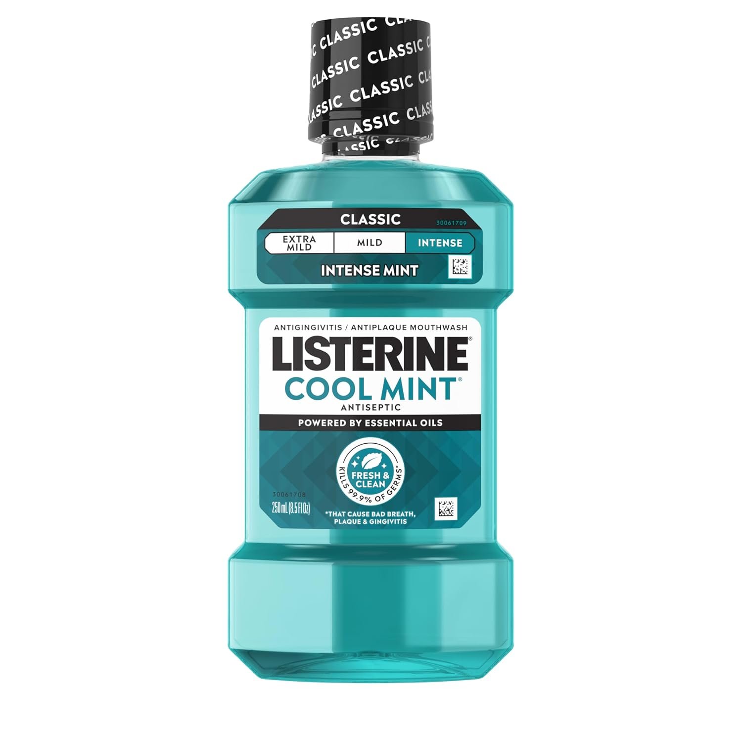 Listerine Cool Mint Intense Antiseptic Mouthwash, Daily Oral Rinse Kills 99.9% of Germs That Cause Bad Breath, Plaque and Gingivitis. for a Fresh, Clean Mouth, Intense Mint Flavor, 250 mL/ 8.5 Fl.Oz.